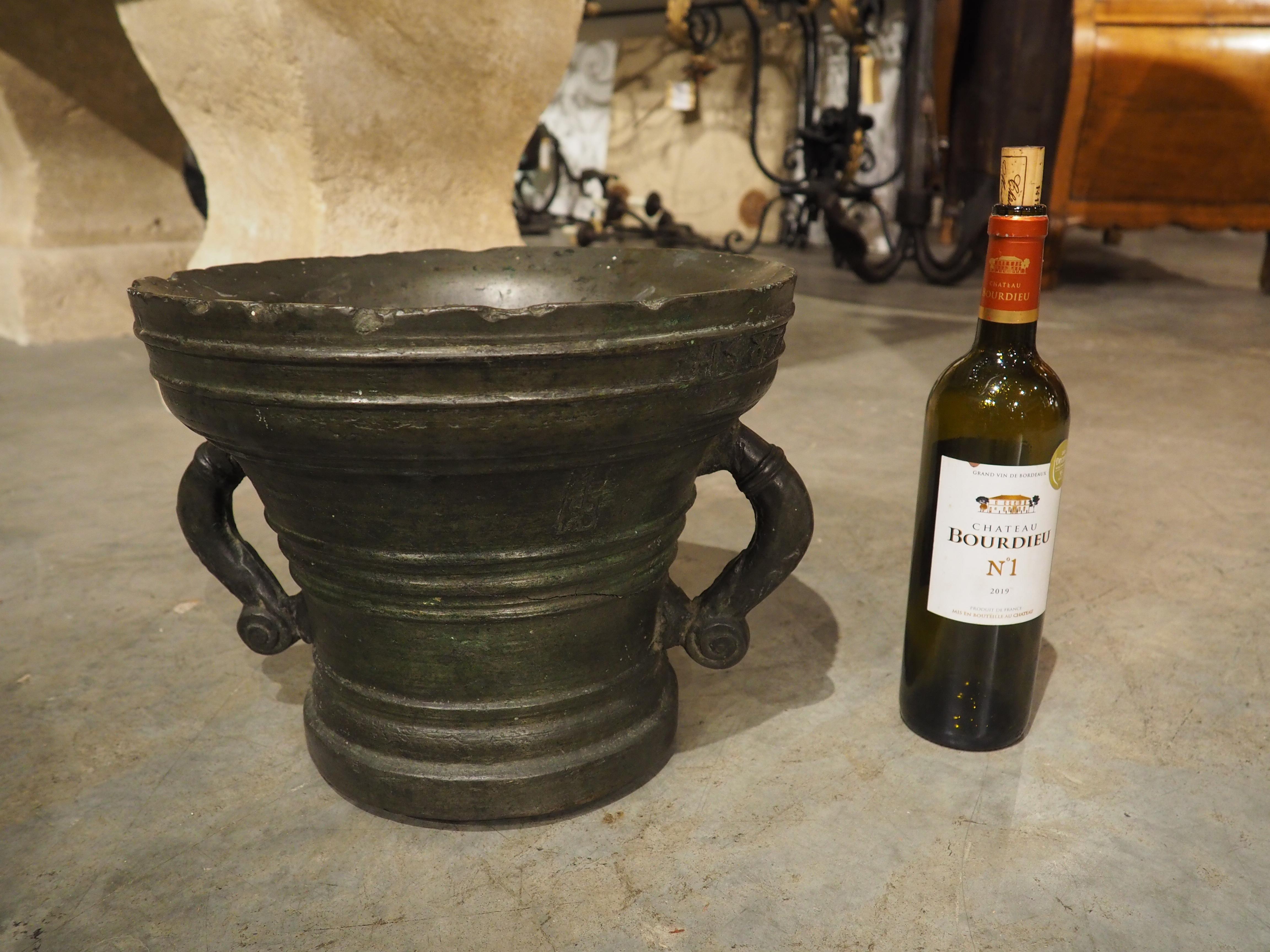 Renaissance Heavy 16th Century French Bronze Mortar with Handles, Dated 1587, 109 lbs For Sale