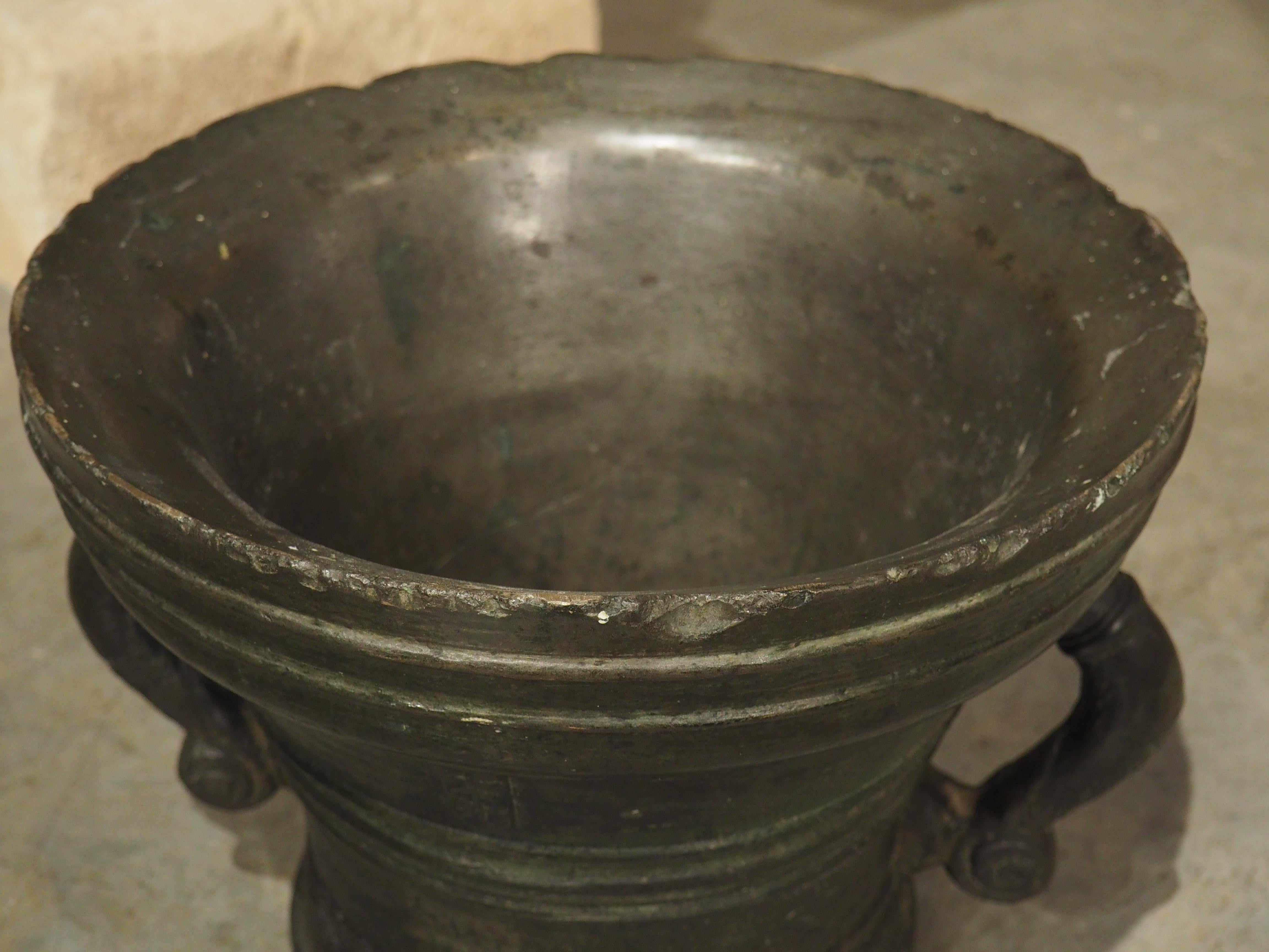 18th Century and Earlier Heavy 16th Century French Bronze Mortar with Handles, Dated 1587, 109 lbs For Sale
