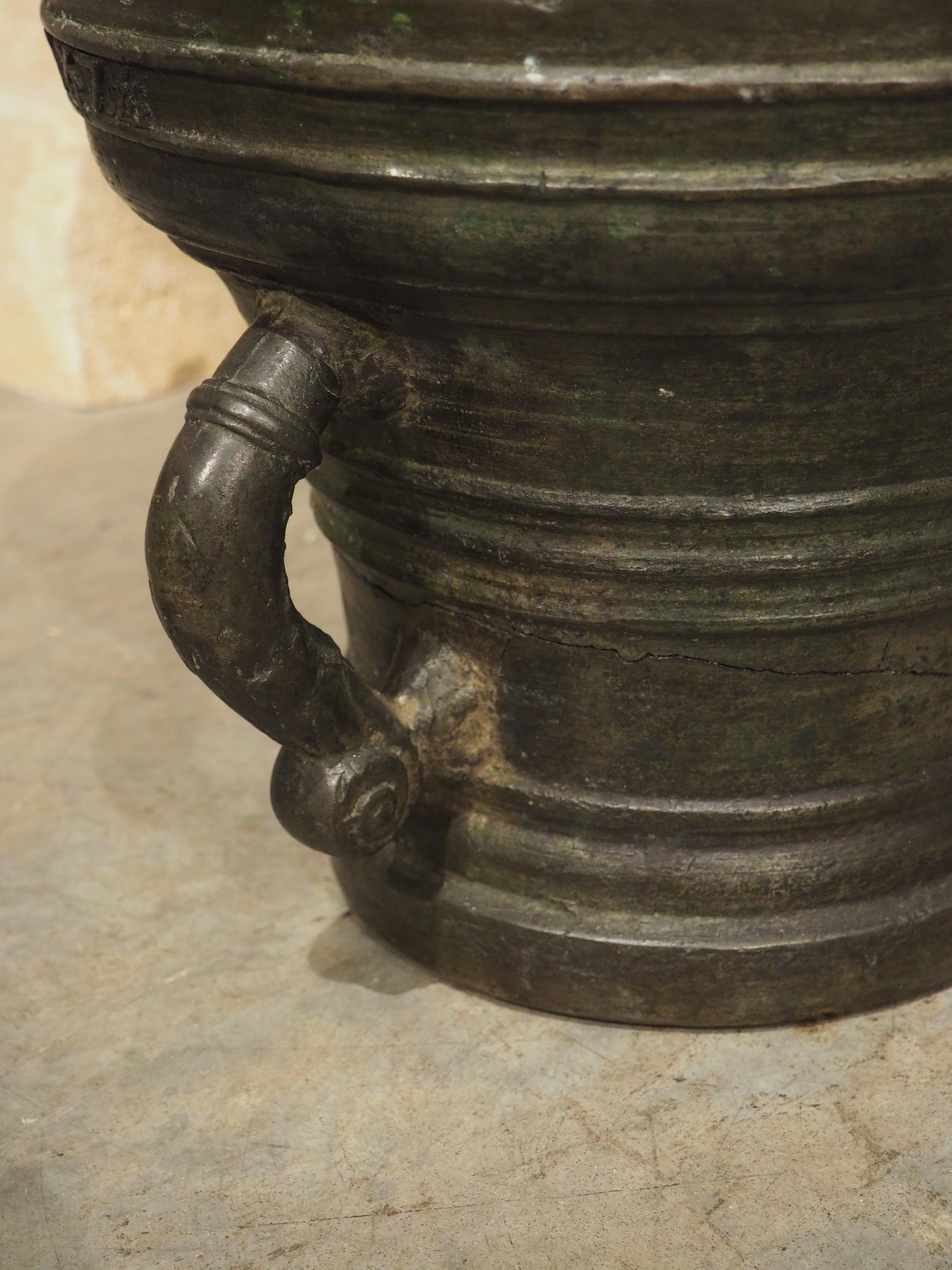 Metal Heavy 16th Century French Bronze Mortar with Handles, Dated 1587, 109 lbs For Sale