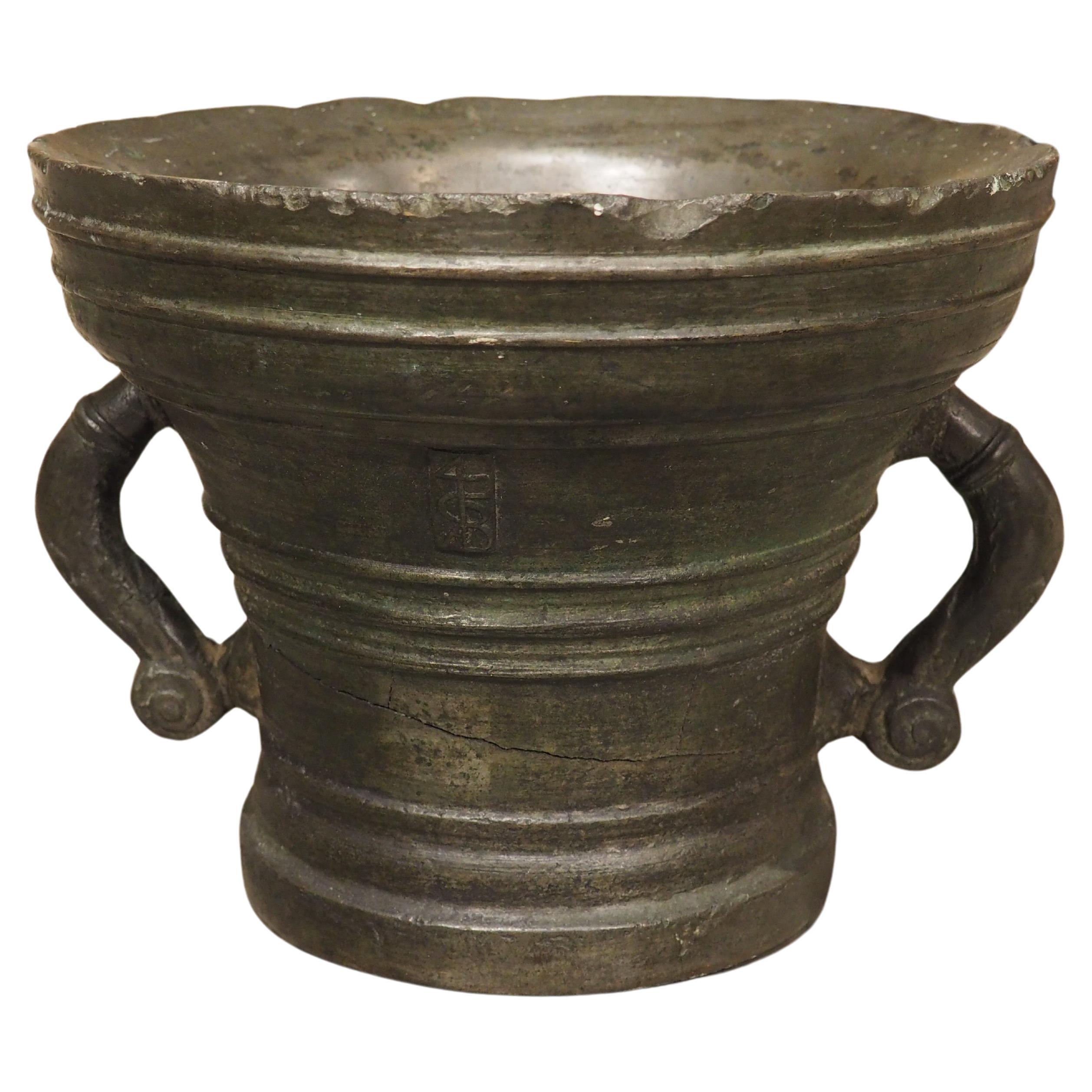 Heavy 16th Century French Bronze Mortar with Handles, Dated 1587, 109 lbs For Sale