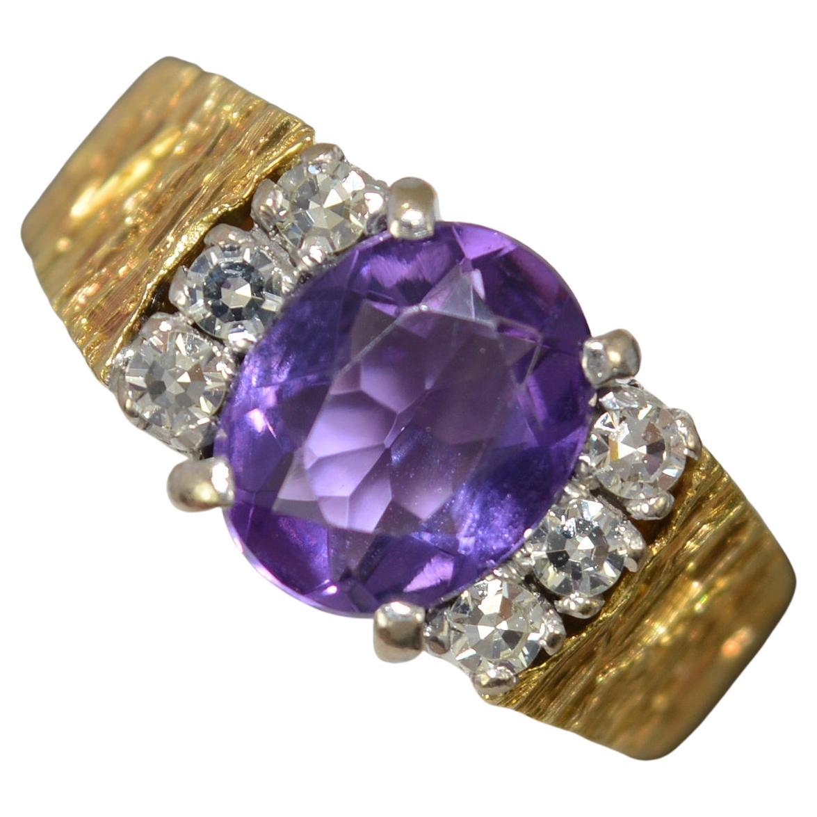 Heavy 18 Carat Gold Amethyst and Diamond Retro Statement Ring CG&S