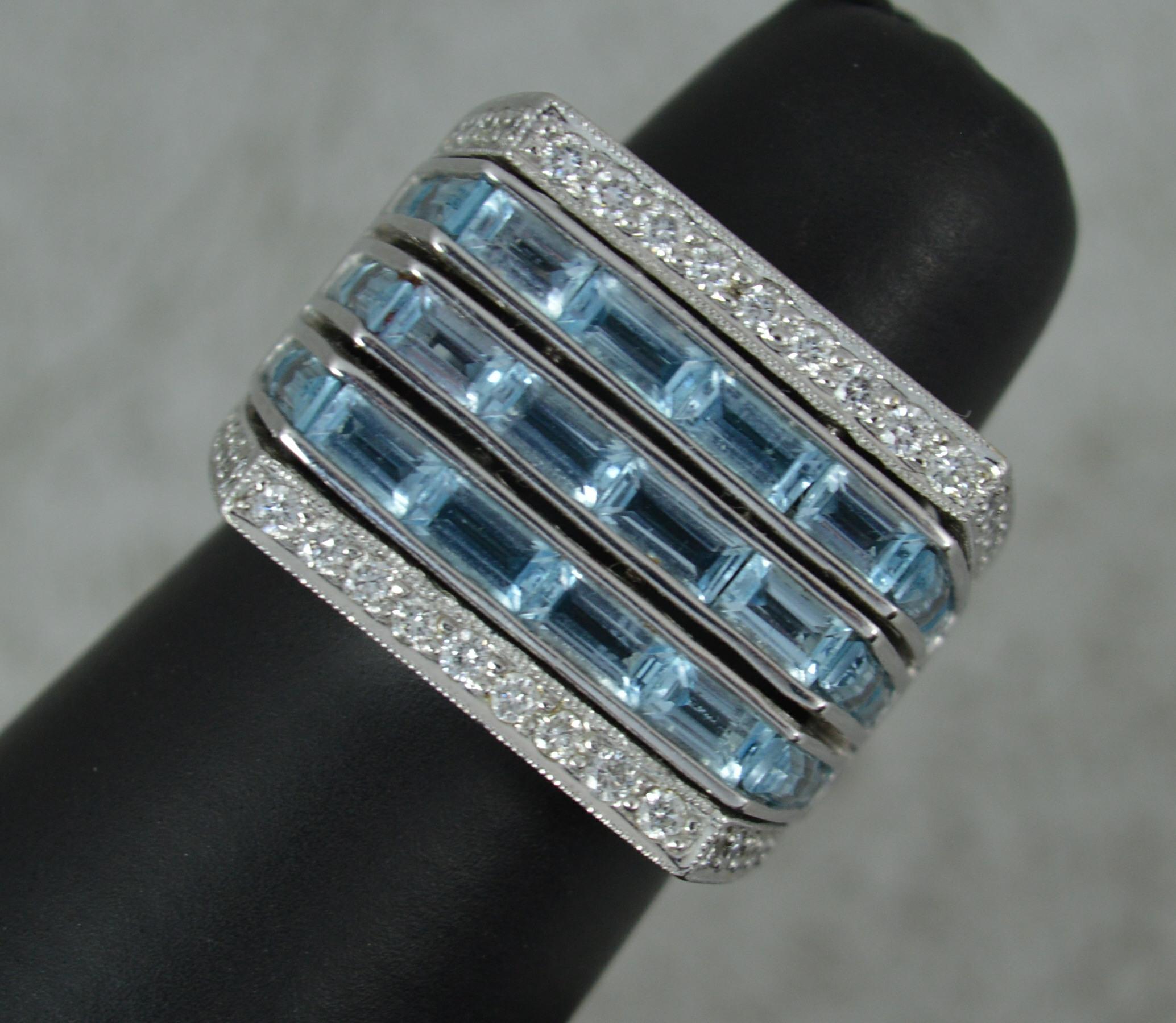 Heavy 18 Carat White Gold Blue Topaz and Diamond Statement Cluster Ring For Sale 7