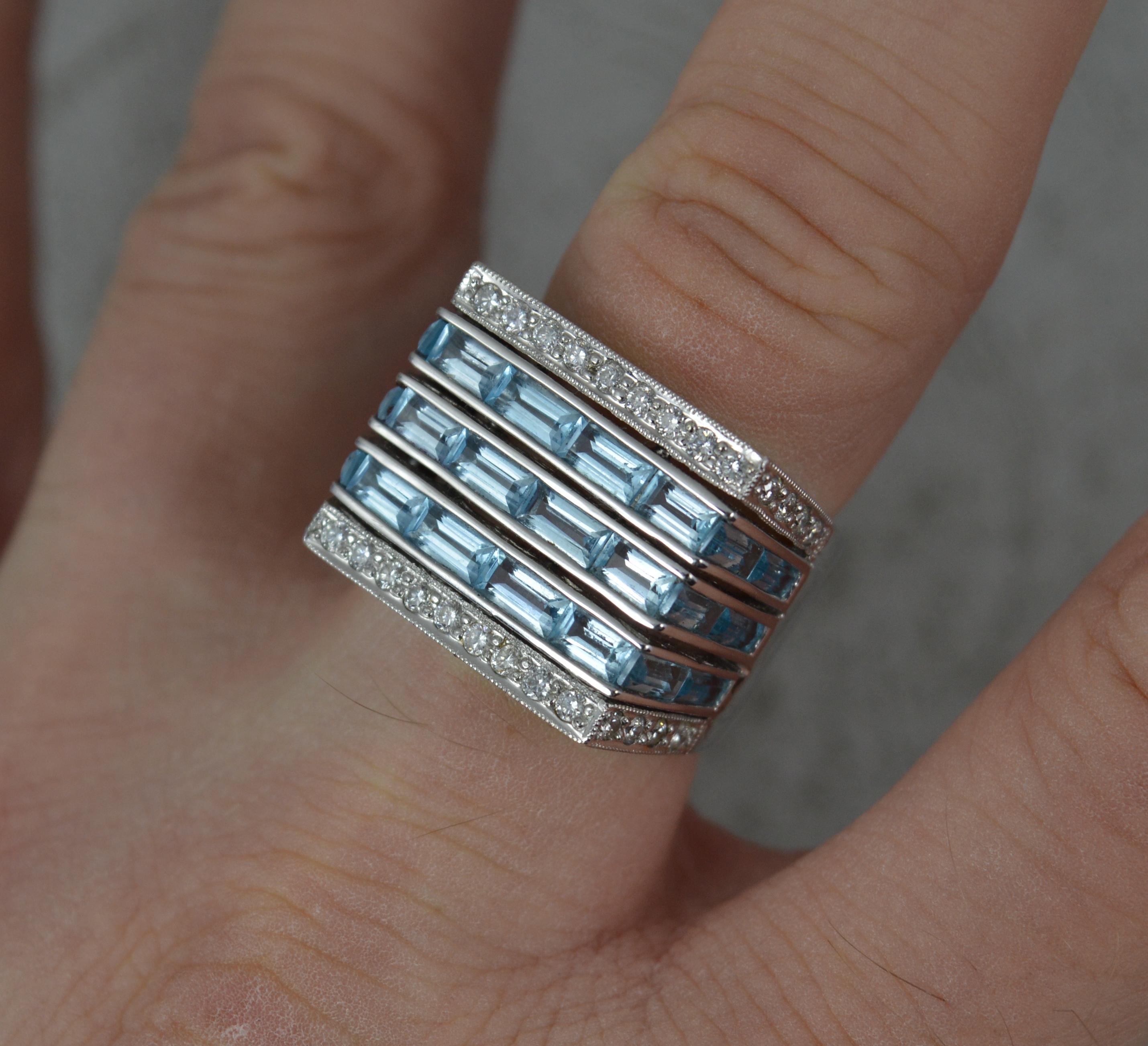 Baguette Cut Heavy 18 Carat White Gold Blue Topaz and Diamond Statement Cluster Ring For Sale