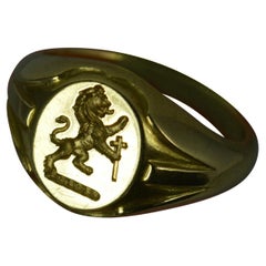 Heavy 18 Carat Yellow Gold Lion Passant and Cross Intaglio Signet Ring