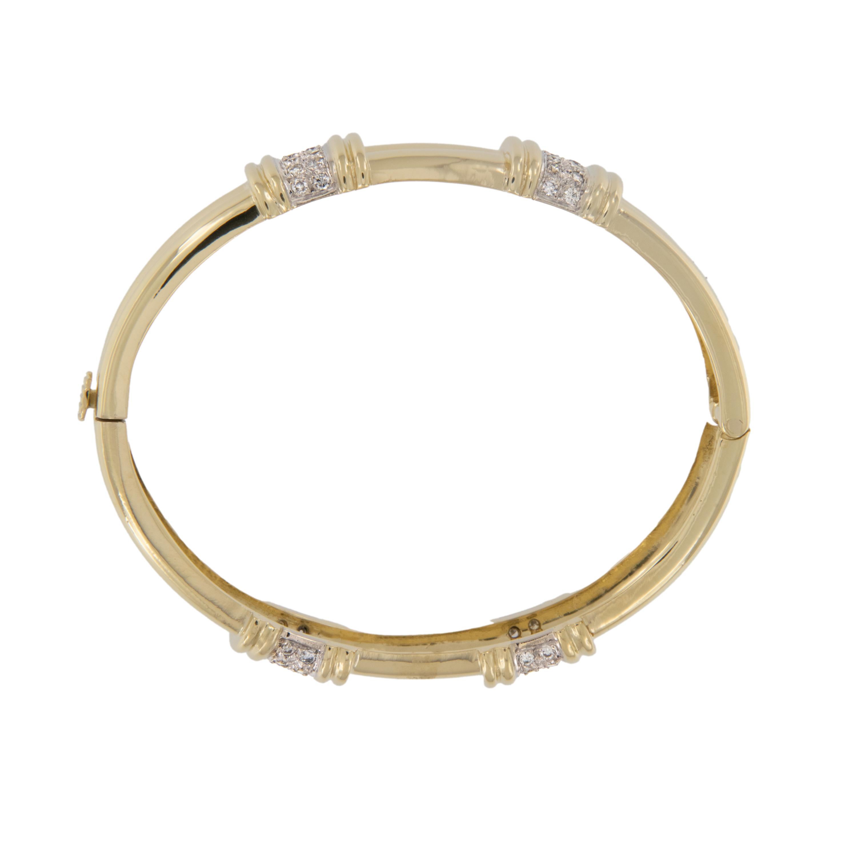 Who doesn't love a bangle bracelet? Much less one this pretty with four stations of pave' set diamonds = 0.50Cttw? Oval in shape, making it comfortable to wear every day, yet sparkly enough for nighttime attire.   Bracelet is 10mm wide x 2.5