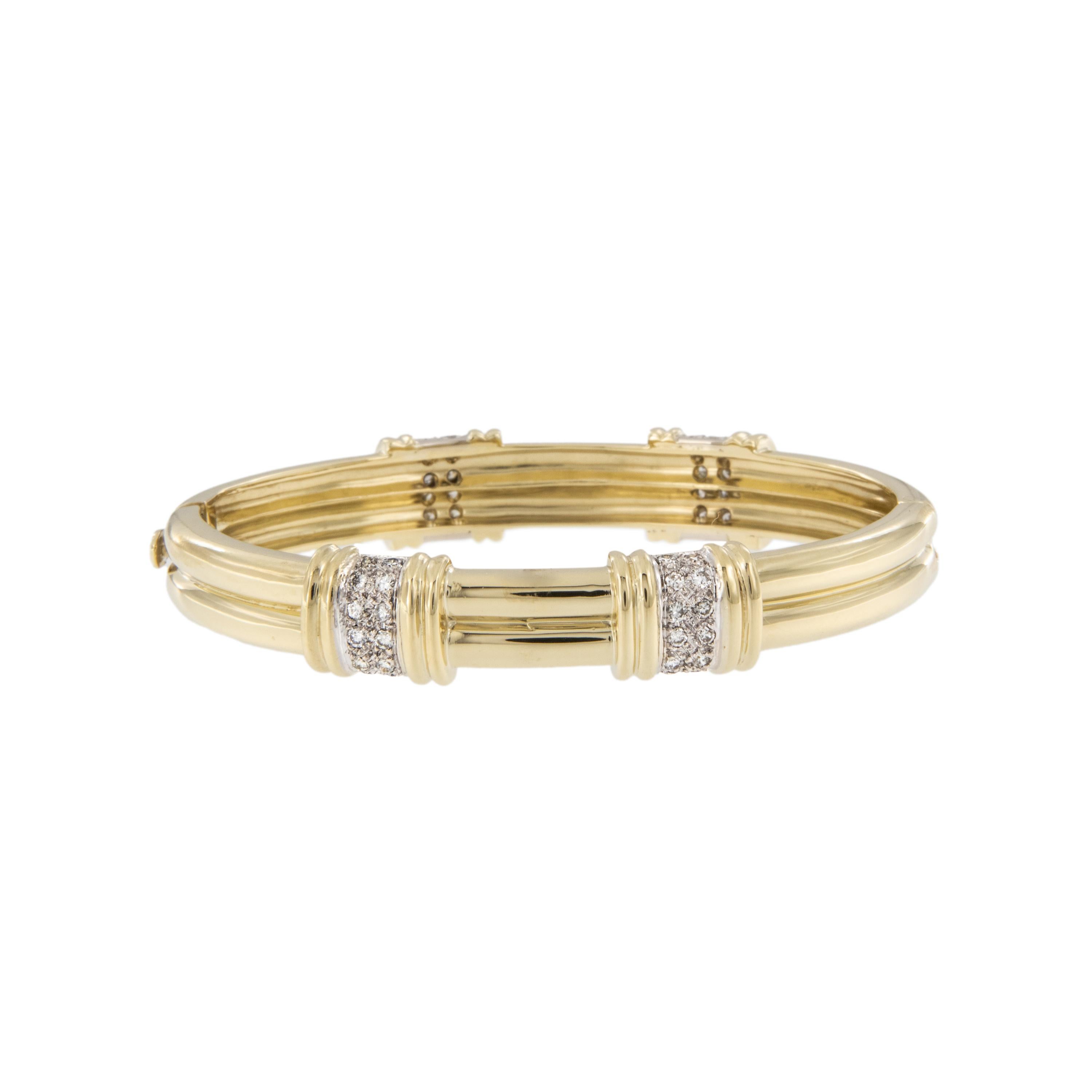 Contemporary Heavy 18 Karat Yellow Gold 0.50 Cttw Diamond Four Station Bangle Bracelet For Sale