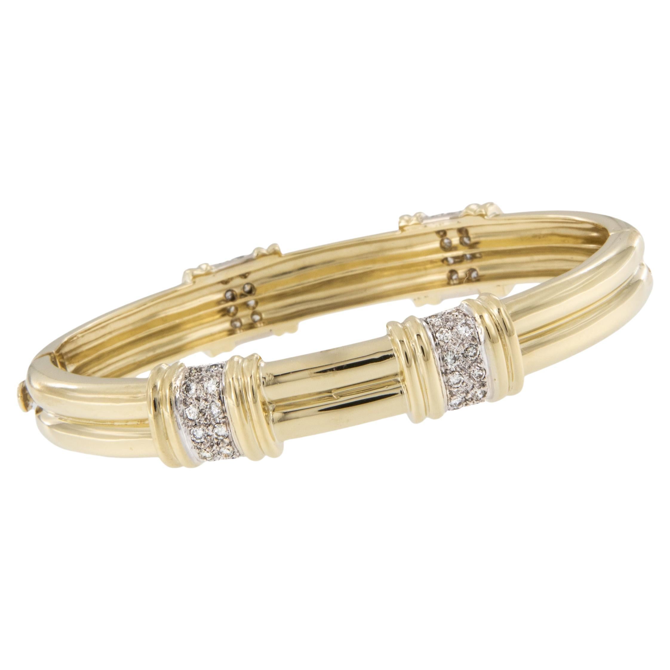 Heavy 18 Karat Yellow Gold 0.50 Cttw Diamond Four Station Bangle Bracelet For Sale