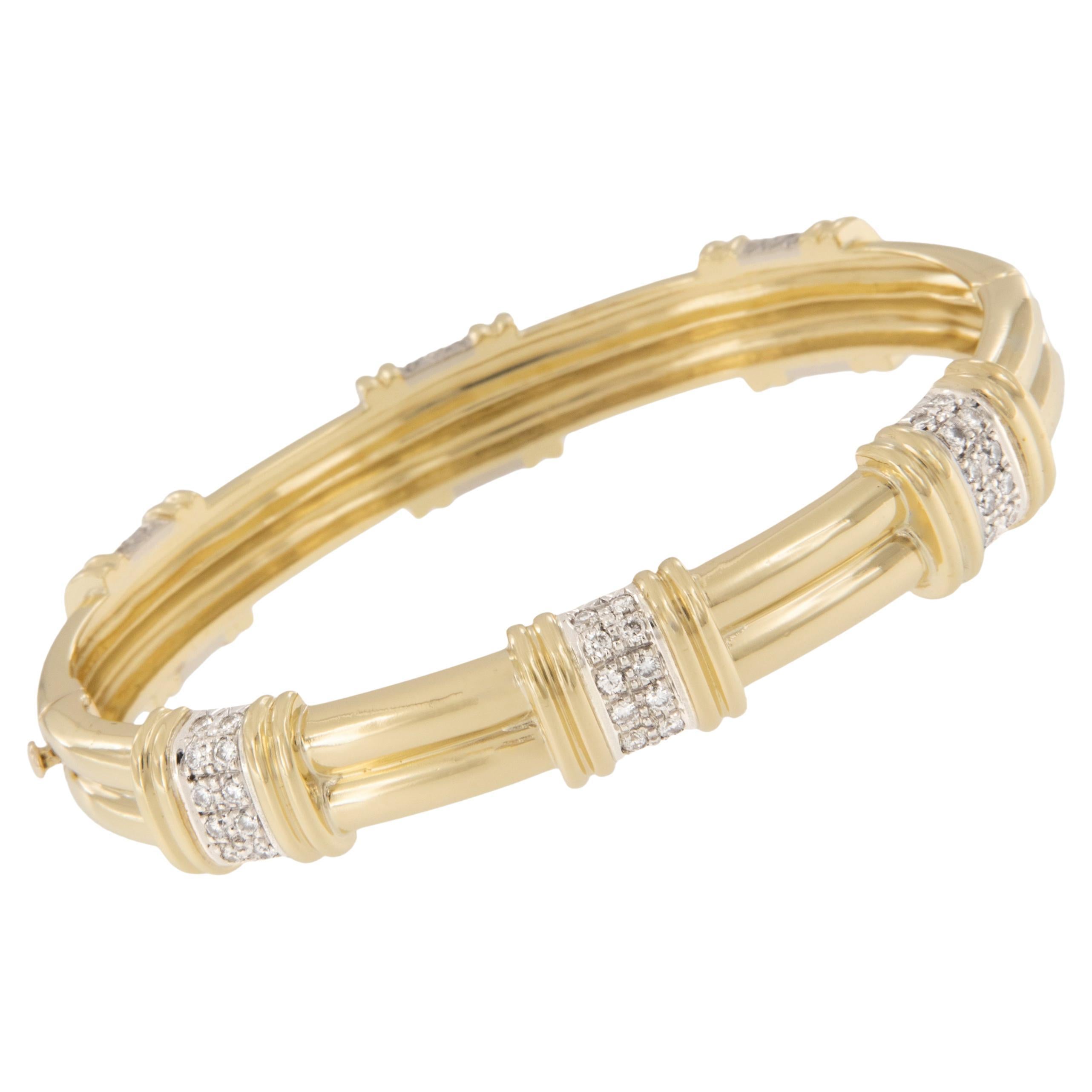 Heavy 18 Karat Yellow Gold 0.75 Cttw Diamond Six Station Bangle Bracelet