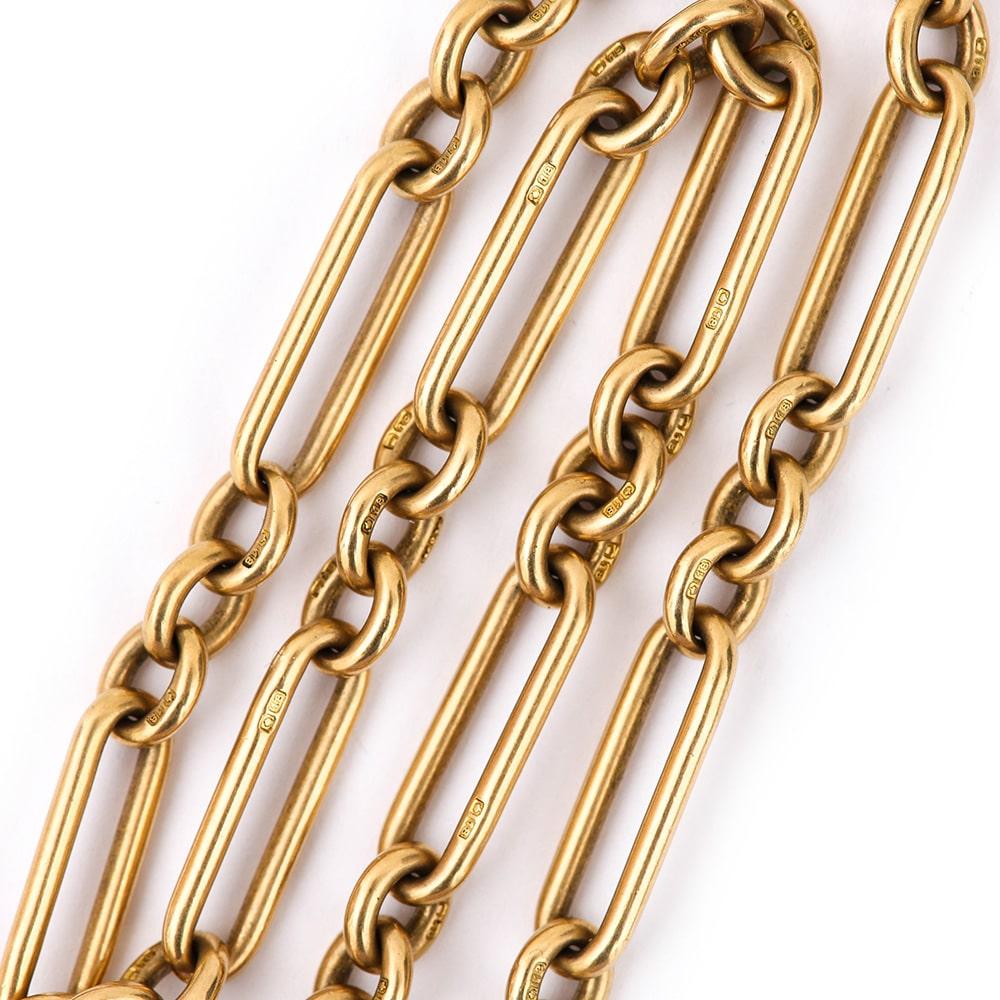 Heavy 18 Karat Gold Edwardian Trombone Link Albert Watch Chain, 16