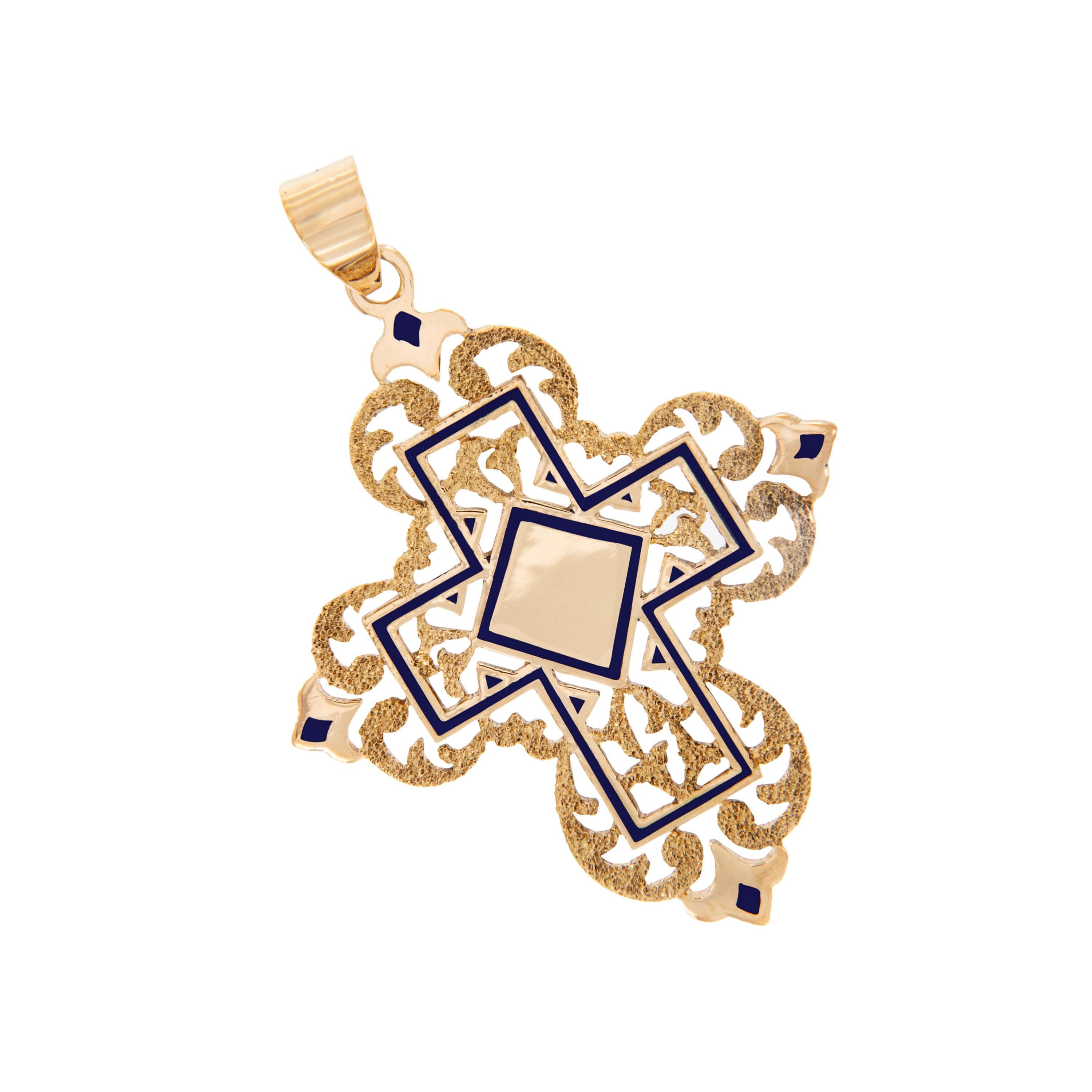 Néo-grec Croix ornée de filigranes émaillées en or jaune 18 carats en vente