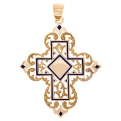 Heavy 18 Karat yellow Gold Enameled Filgree Ornate Cross
