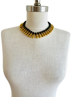 Heavy '184 grams' Egyptian Revival Beaded Black Gold Dangle Choker Bib Necklace