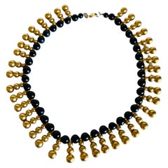 Heavy '184 grams' Egyptian Revival Beaded Black Gold Dangle Choker Bib Necklace