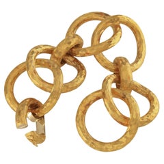 Heavy 18K Circa 1970's Yellow Gold Modernist Jumbo Link Bracelet Satin Florentine
