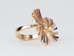 Heavy 18K Gold Open End Fan Ring with Natural Diamond and Blue Enamel 9.8g R6547