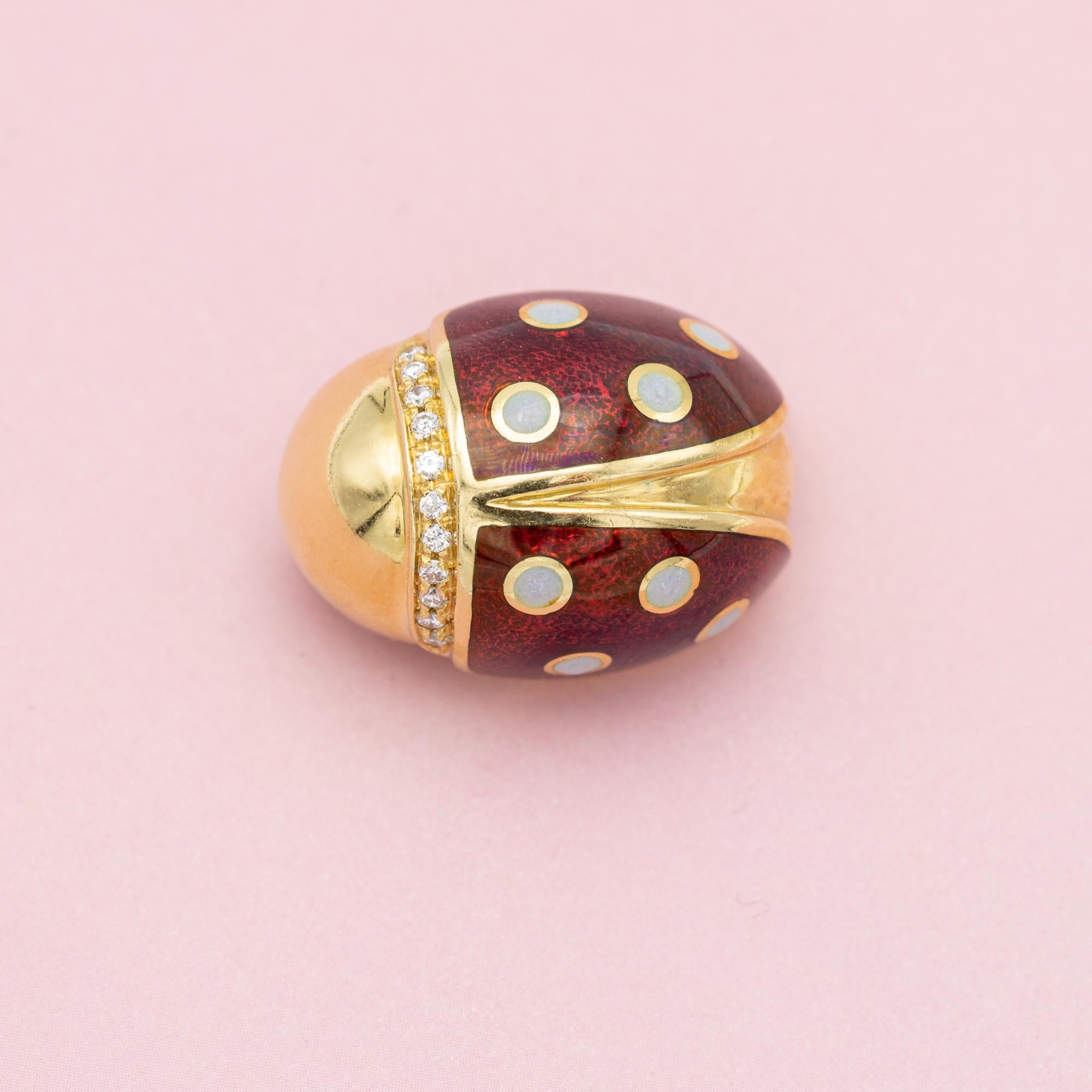 Heavy 18k ladybug Brooch - Vintage estate Italian collar brooch - enamel animal 8