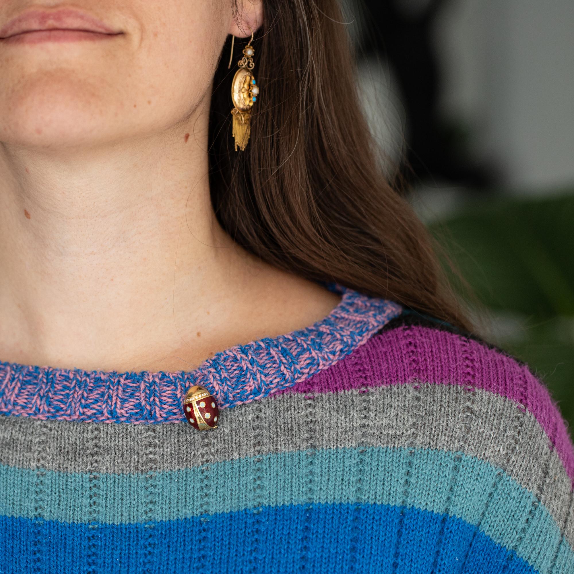 Modern Heavy 18k ladybug Brooch - Vintage estate Italian collar brooch - enamel animal