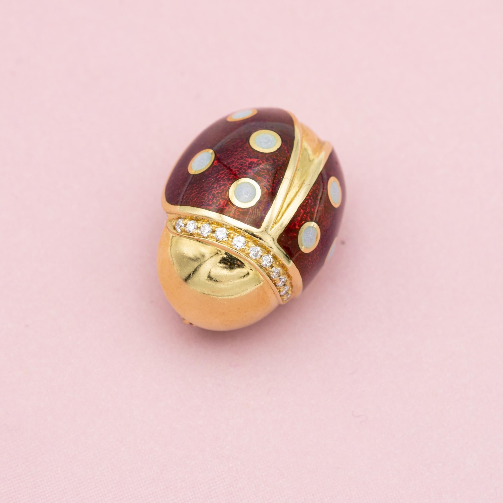 Brilliant Cut Heavy 18k ladybug Brooch - Vintage estate Italian collar brooch - enamel animal