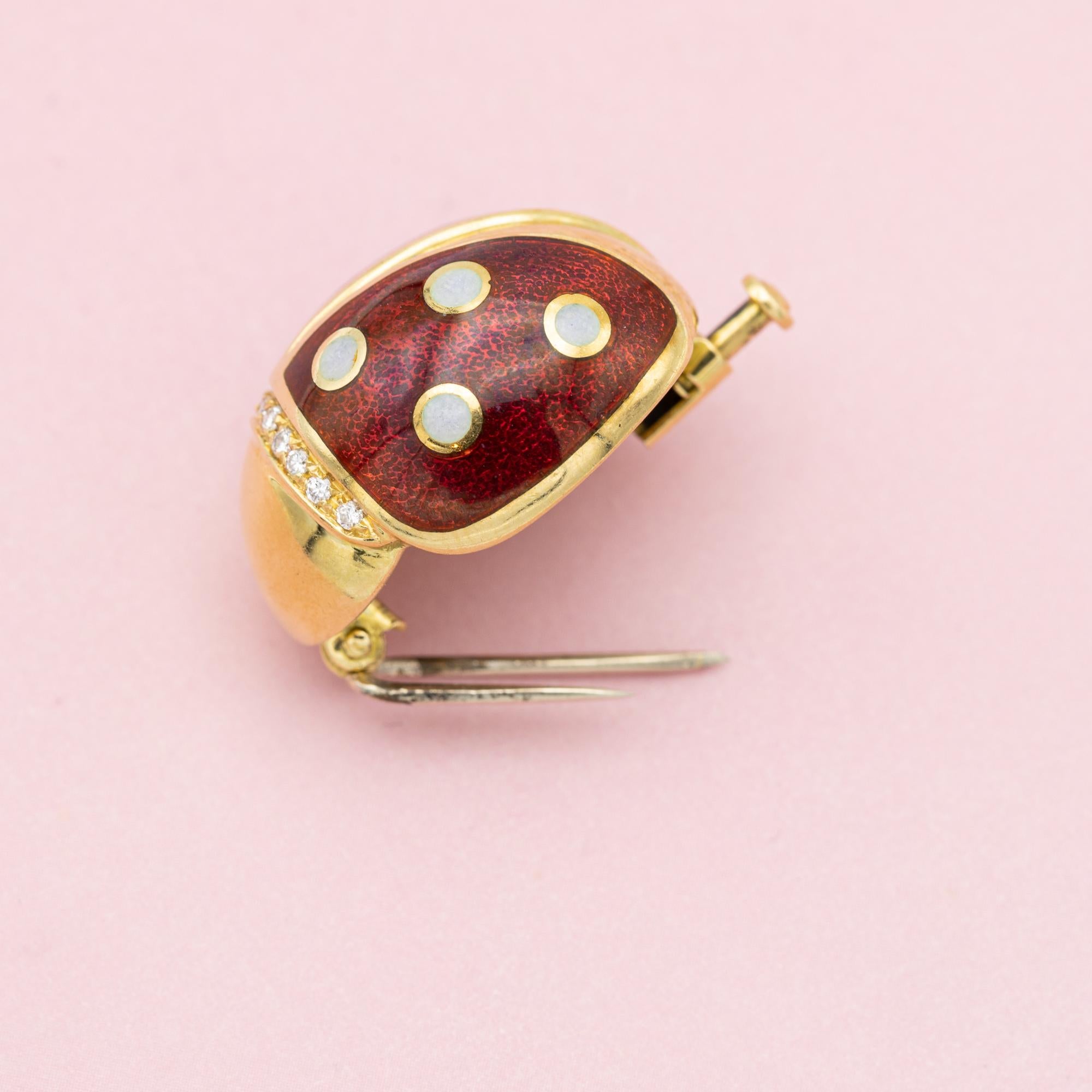 Heavy 18k ladybug Brooch - Vintage estate Italian collar brooch - enamel animal 2