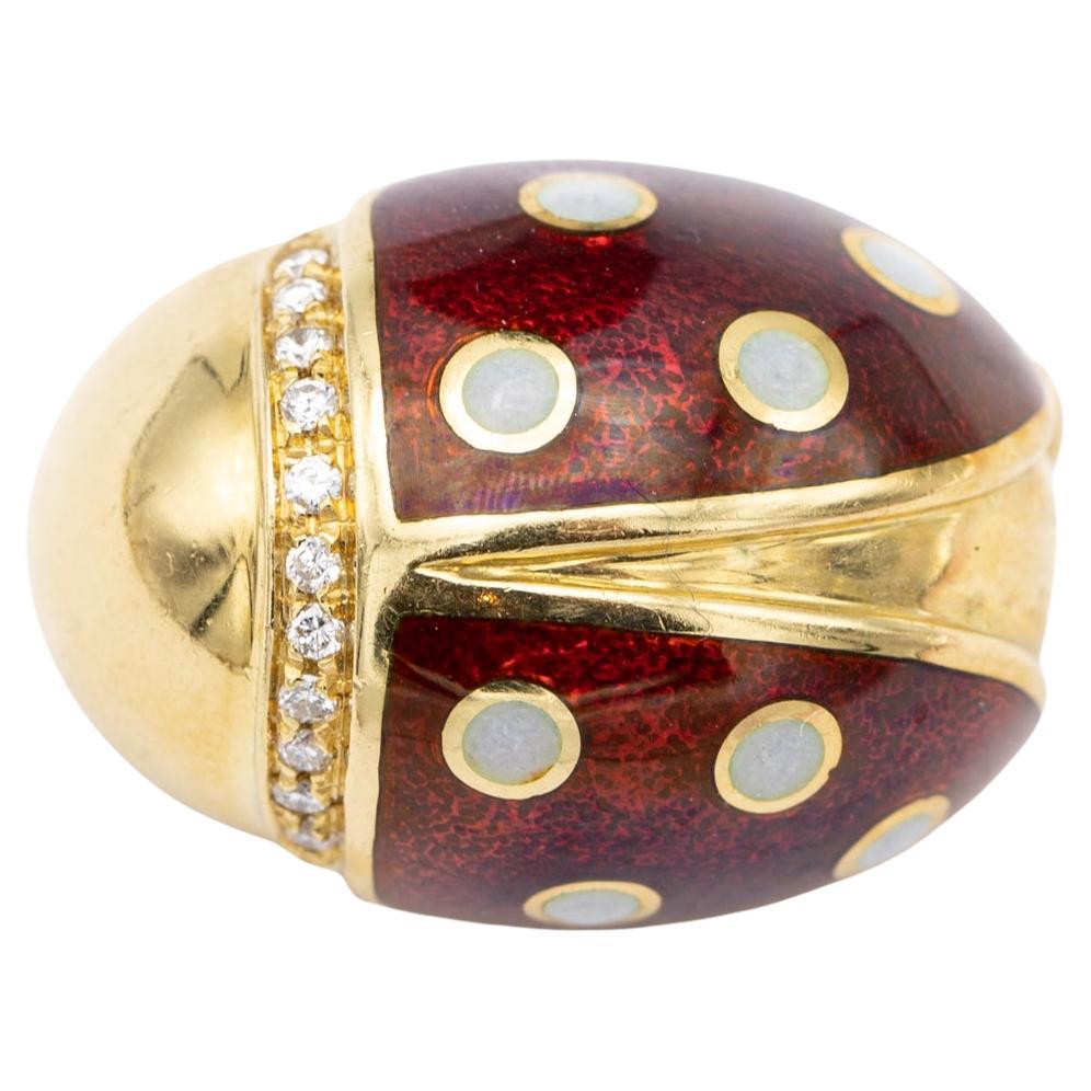 Heavy 18k ladybug Brooch - Vintage estate Italian collar brooch - enamel animal