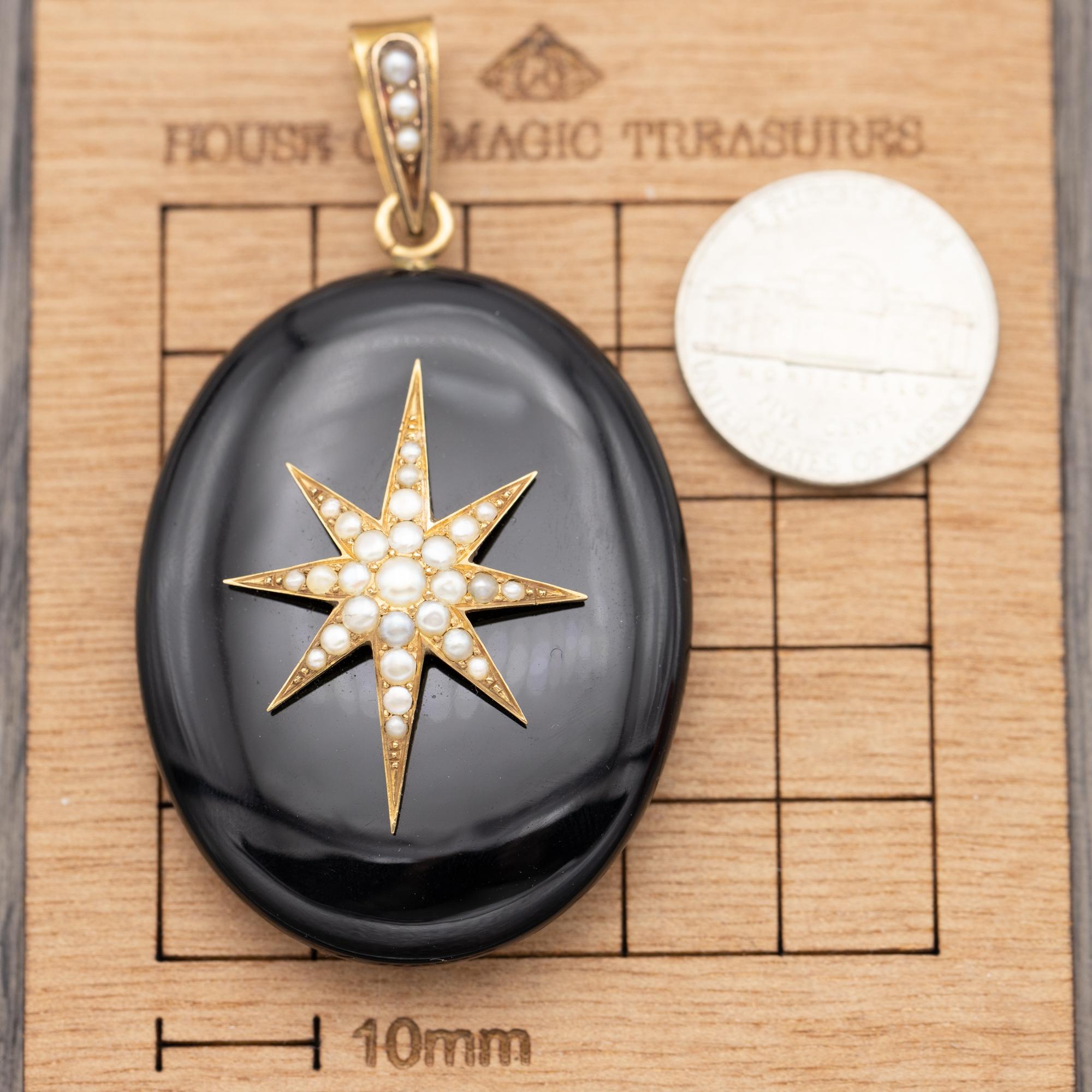 Women's or Men's heavy 18K mourning pendant - solid gold Victorian Jet charm - Antique star 1870s