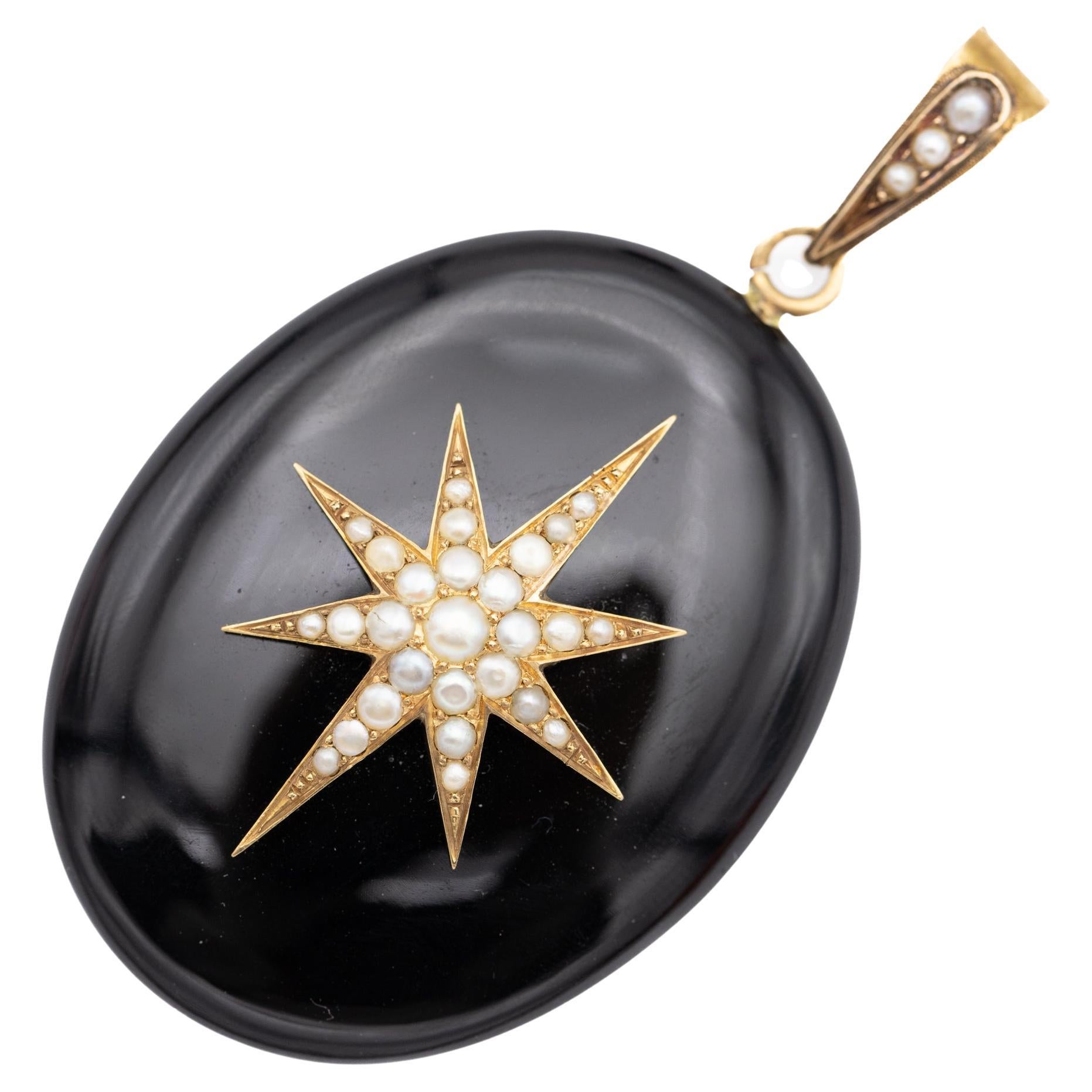 heavy 18K mourning pendant - solid gold Victorian Jet charm - Antique star 1870s