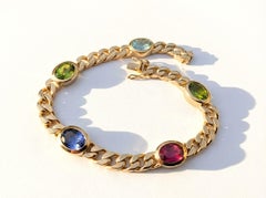Heavy 18K Yellow Gold Curb Chain Bracelet with Aquamarine, Tanzanite, Tourmaline