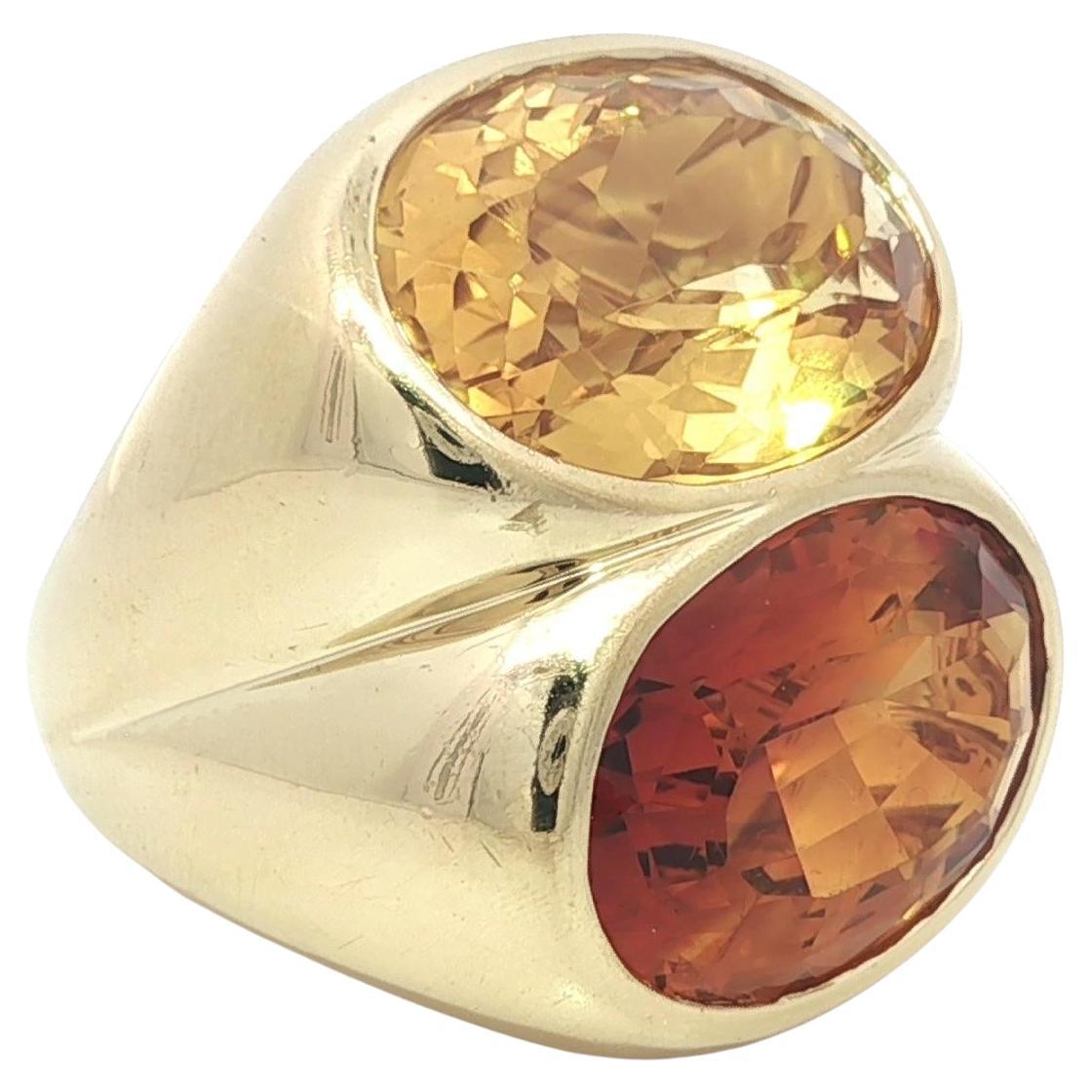 Heavy 18k Yellow Gold Dual Deep 
Light Orange Bezel Citrine Statement Ring im Angebot