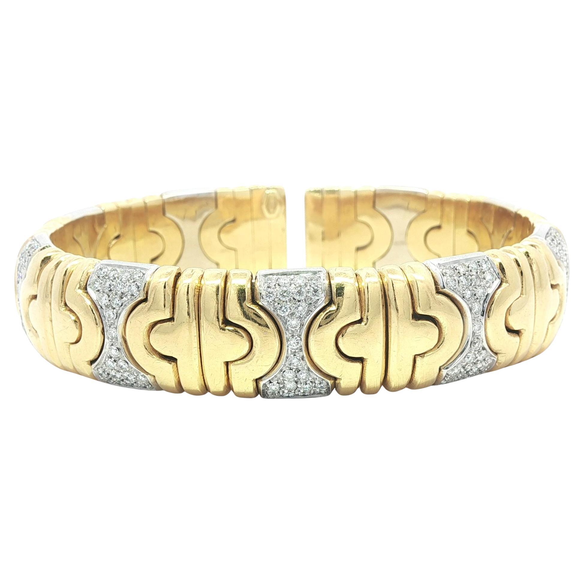 Heavy 18k Yellow
White Gold 1ct Diamond 5 Sections Wide Flexible Cuff Bracelet