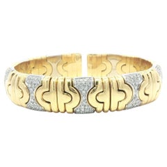 Heavy 18k Yellow
White Gold 1ct Diamond 5 Sections Wide Flexible Cuff Bracelet