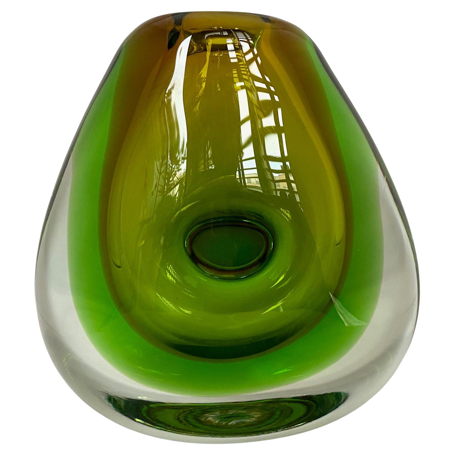 Heavy 1960's Green Bohemian Art Glass Vase, by Vladimir Mika for Moser For Sale
