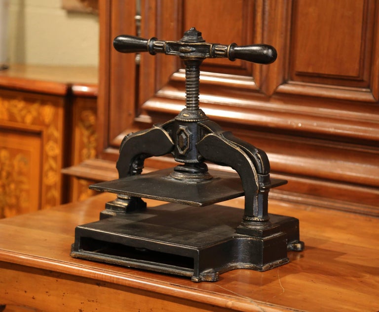 Heavy 19th Century French Black Wrought Iron Binding Press with Gilt