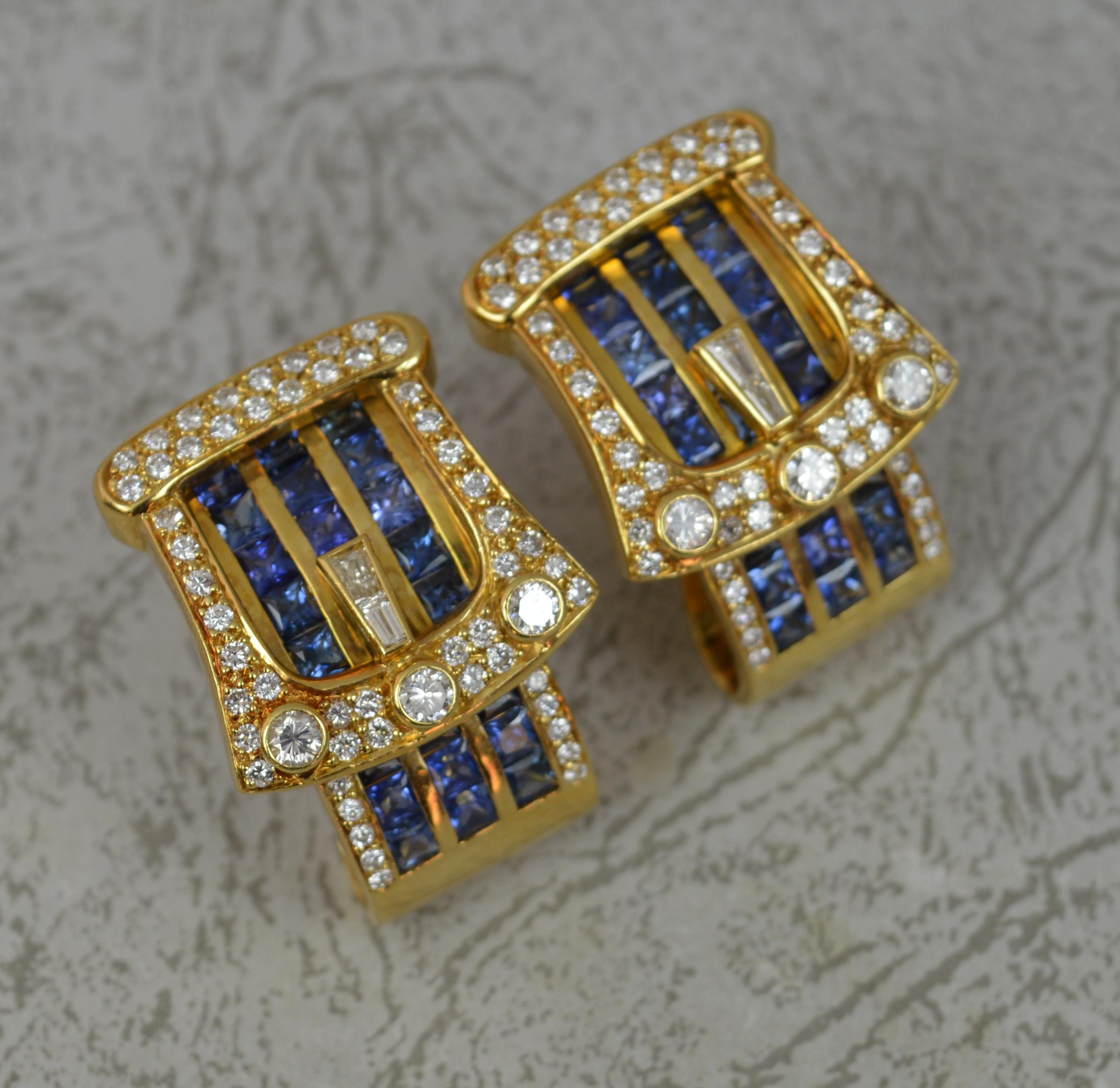 Heavy 2.00ct Vs Diamond and Sapphire 18 Carat Gold Buckle Earrings 1