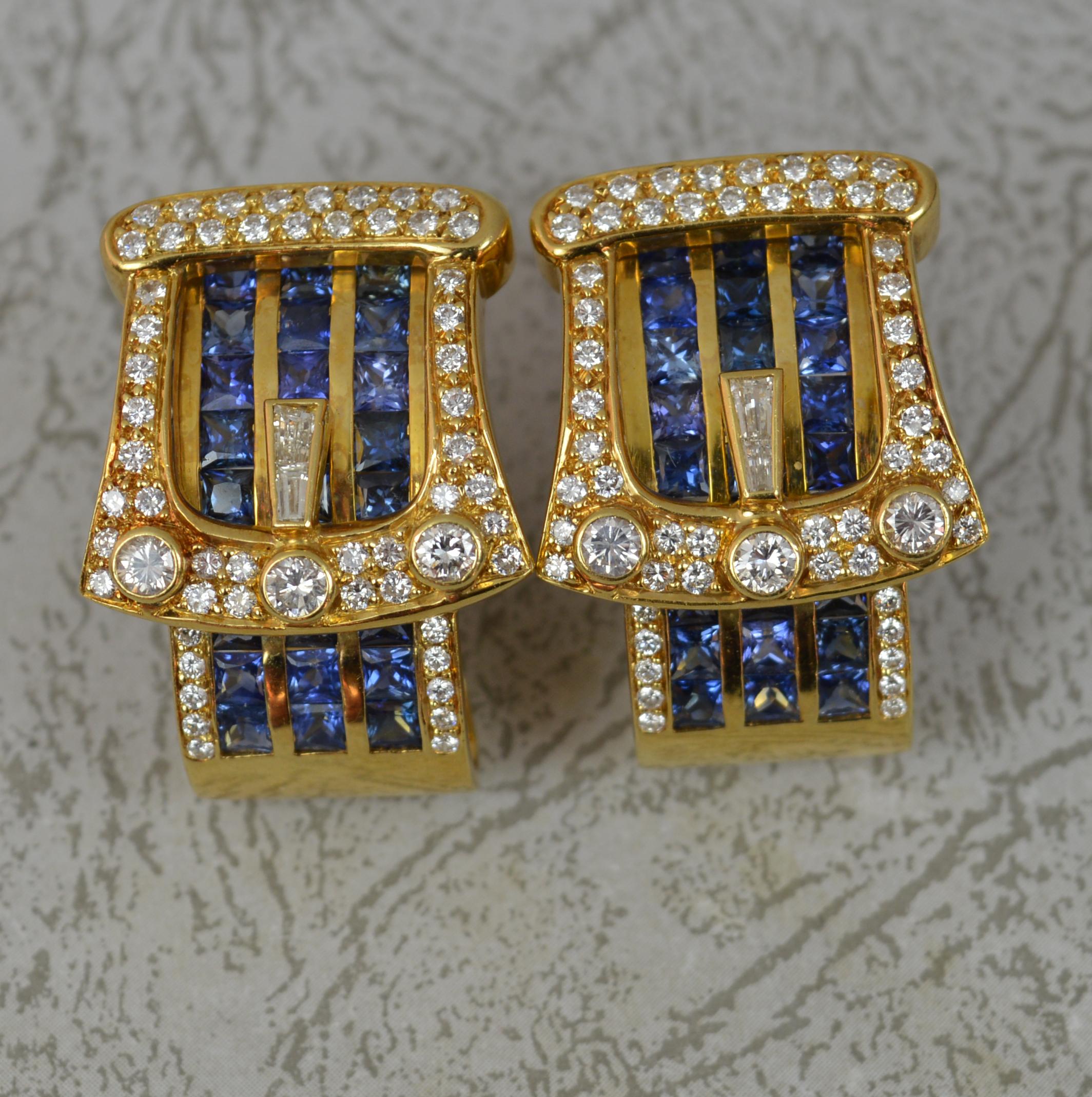 Heavy 2.00ct Vs Diamond and Sapphire 18 Carat Gold Buckle Earrings 2