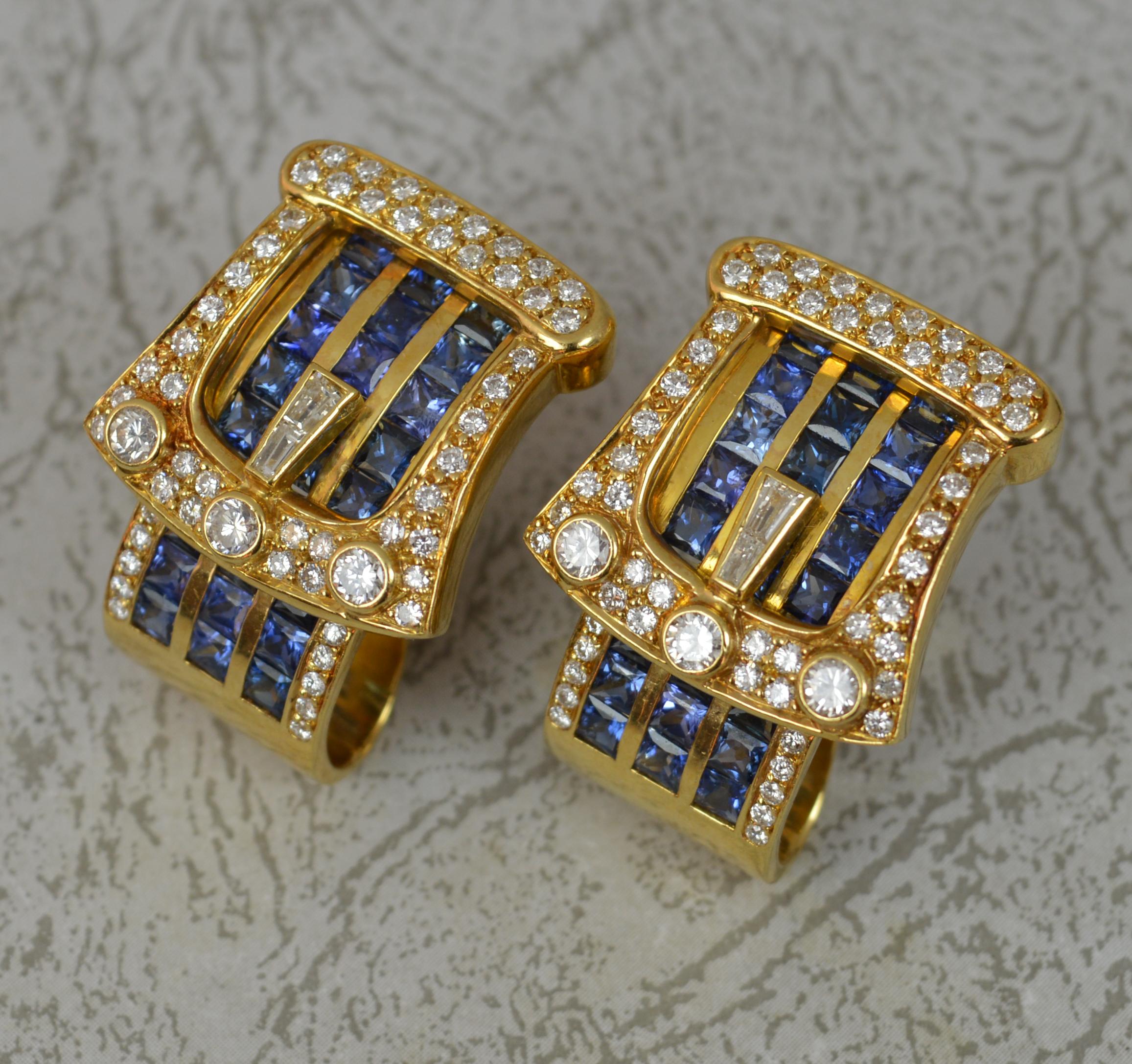 Heavy 2.00ct Vs Diamond and Sapphire 18 Carat Gold Buckle Earrings 3