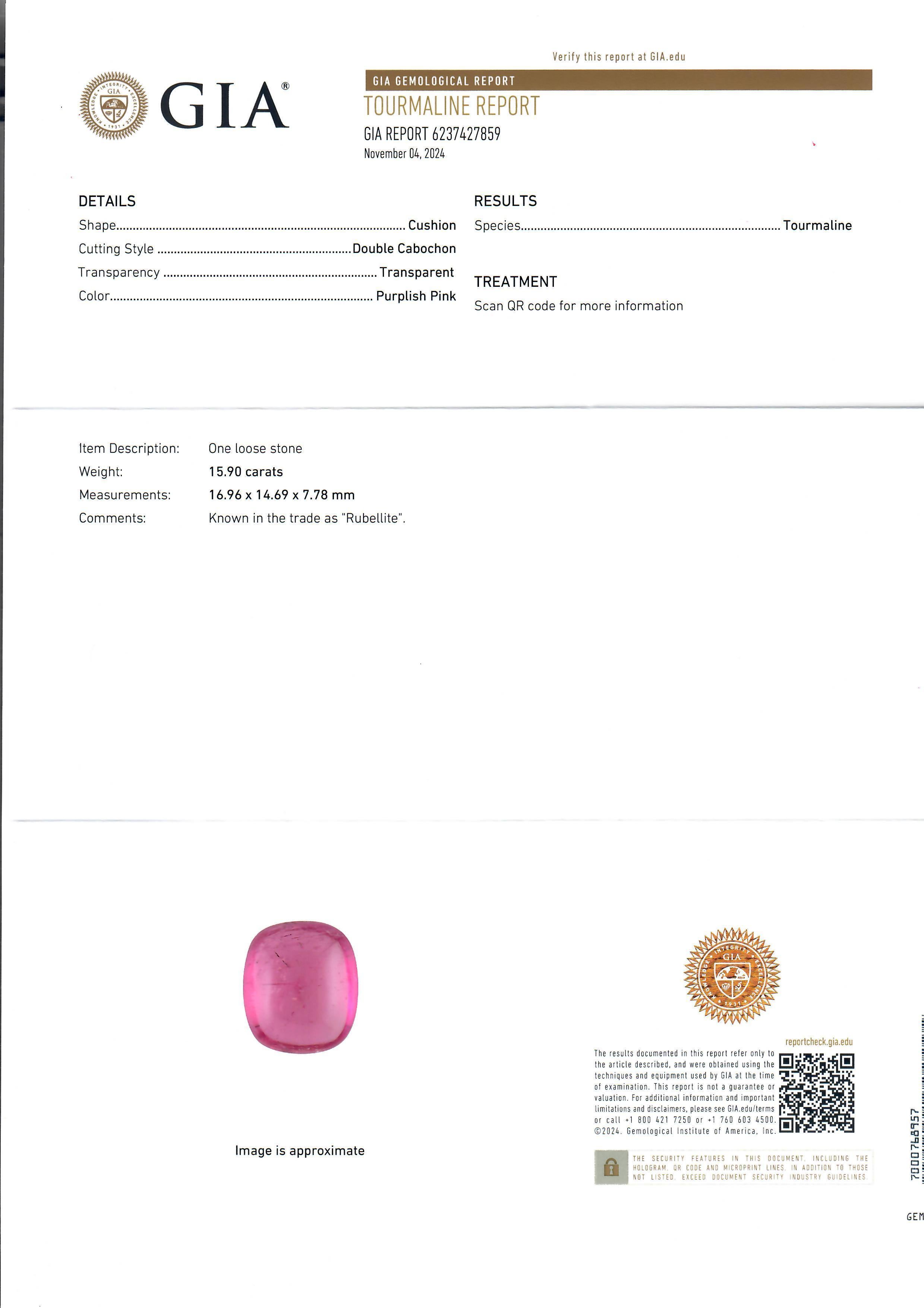 --Stone(s):--
(1) Natural Genuine Tourmaline - Cushion Cabochon Cut - Bezel Set - Purplish Pink Color - 15.90ct (exact, certified)
** See Sapphire Certification Details Below **

Material: Solid 22k Yellow Gold
Weight: 21.50 Grams
Ring Size: 6.5