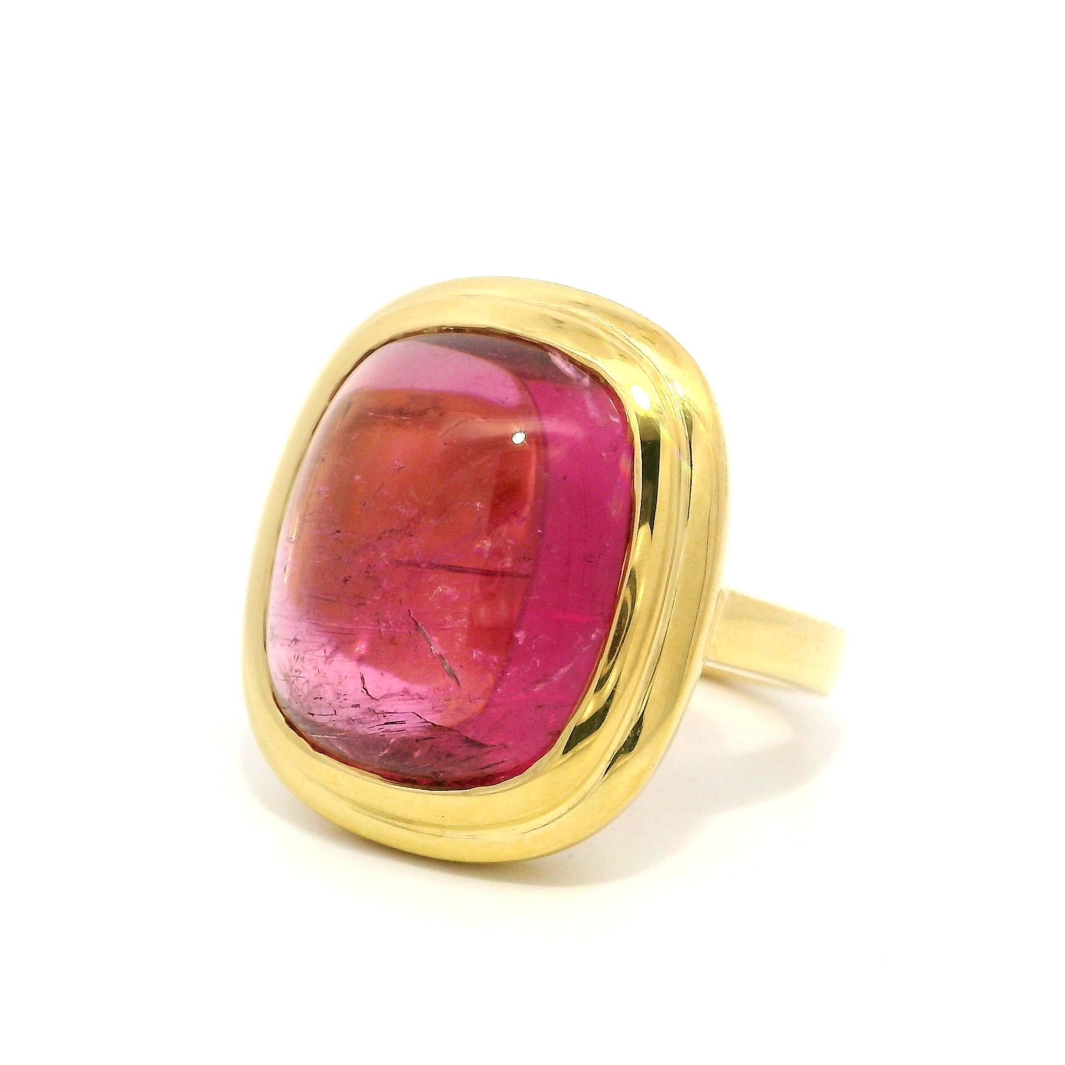 Cabochon Heavy 22k Yellow Gold GIA 15.90ct Pink Rubellite Tourmaline Bezel Solitaire Ring For Sale