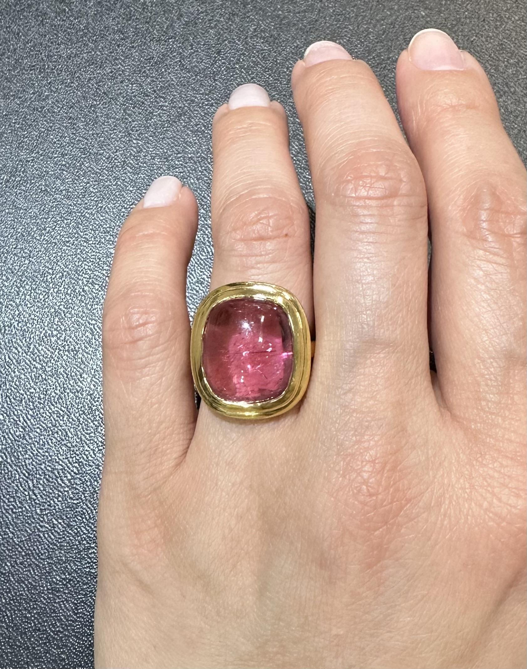 Heavy 22k Yellow Gold GIA 15.90ct Pink Rubellite Tourmaline Bezel Solitaire Ring For Sale 2