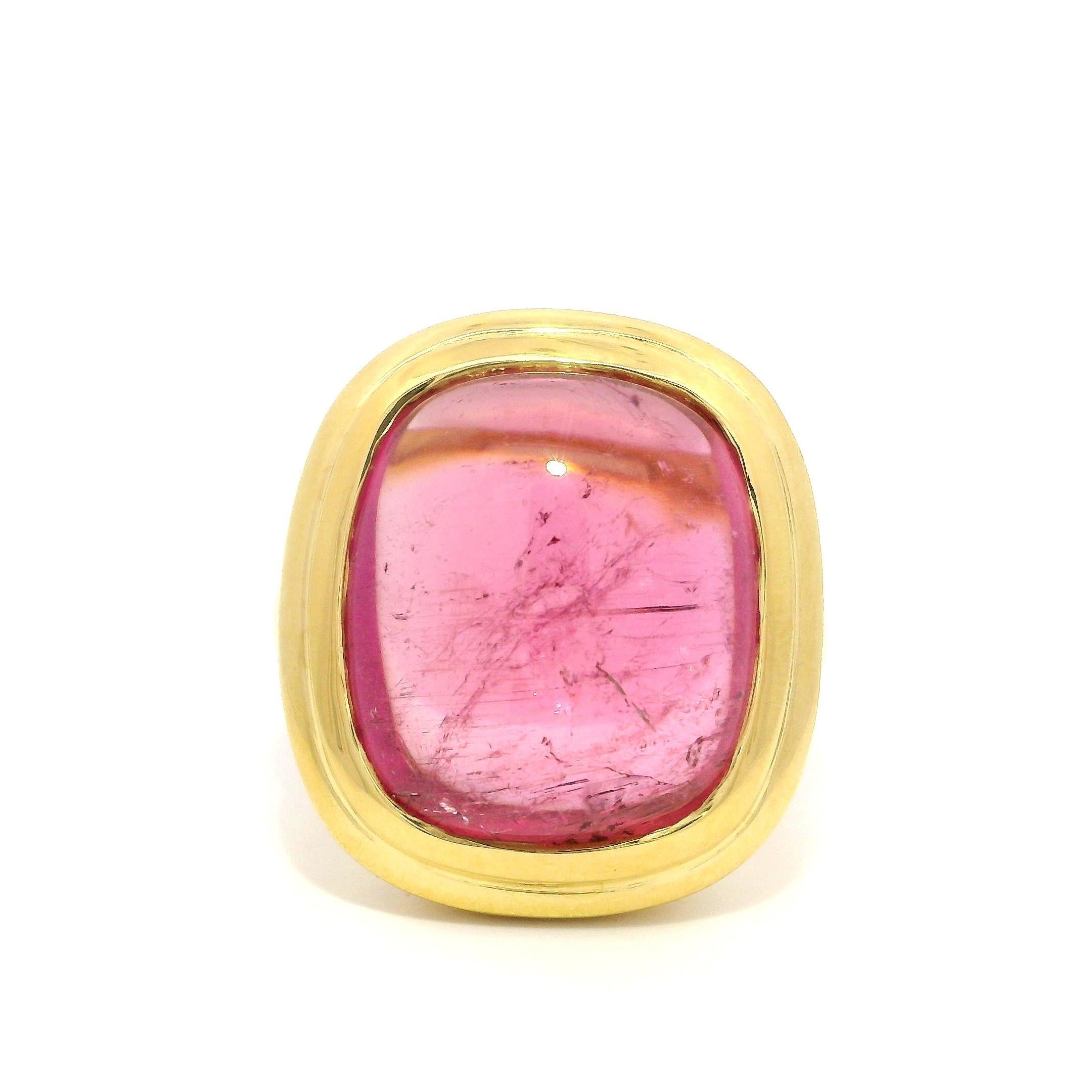 Heavy 22k Yellow Gold GIA 15.90ct Pink Rubellite Tourmaline Bezel Solitaire Ring For Sale 3