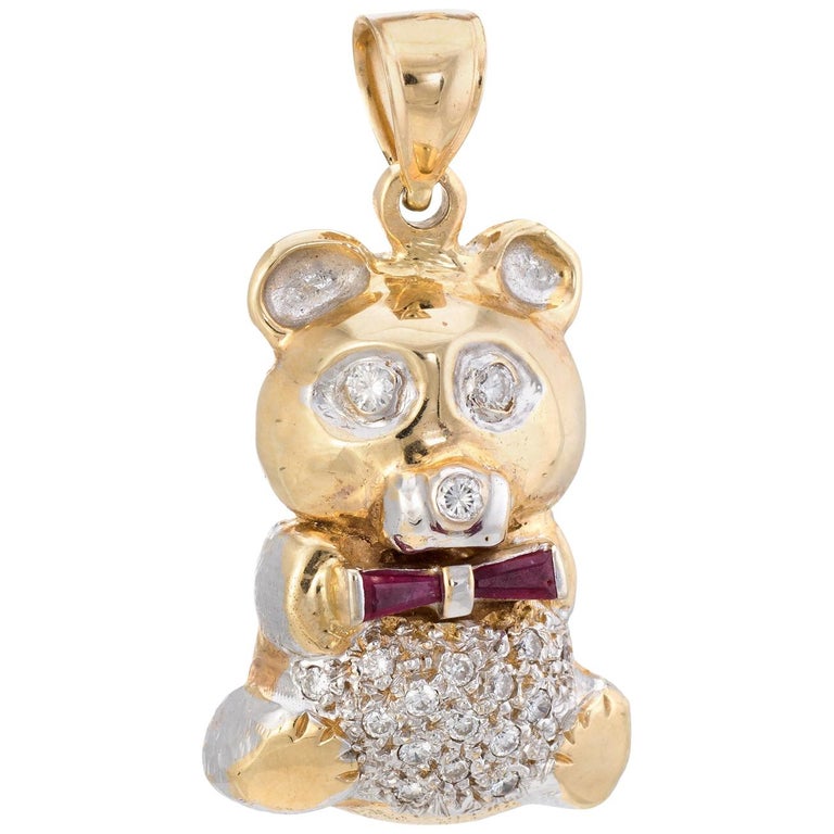 Heavy 30.7gm Teddy Bear Pendant Diamond Ruby Vintage 14 Karat Gold