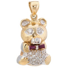 Heavy 30.7gm Teddy Bear Pendant Diamond Ruby Vintage 14k Gold Estate Jewelry