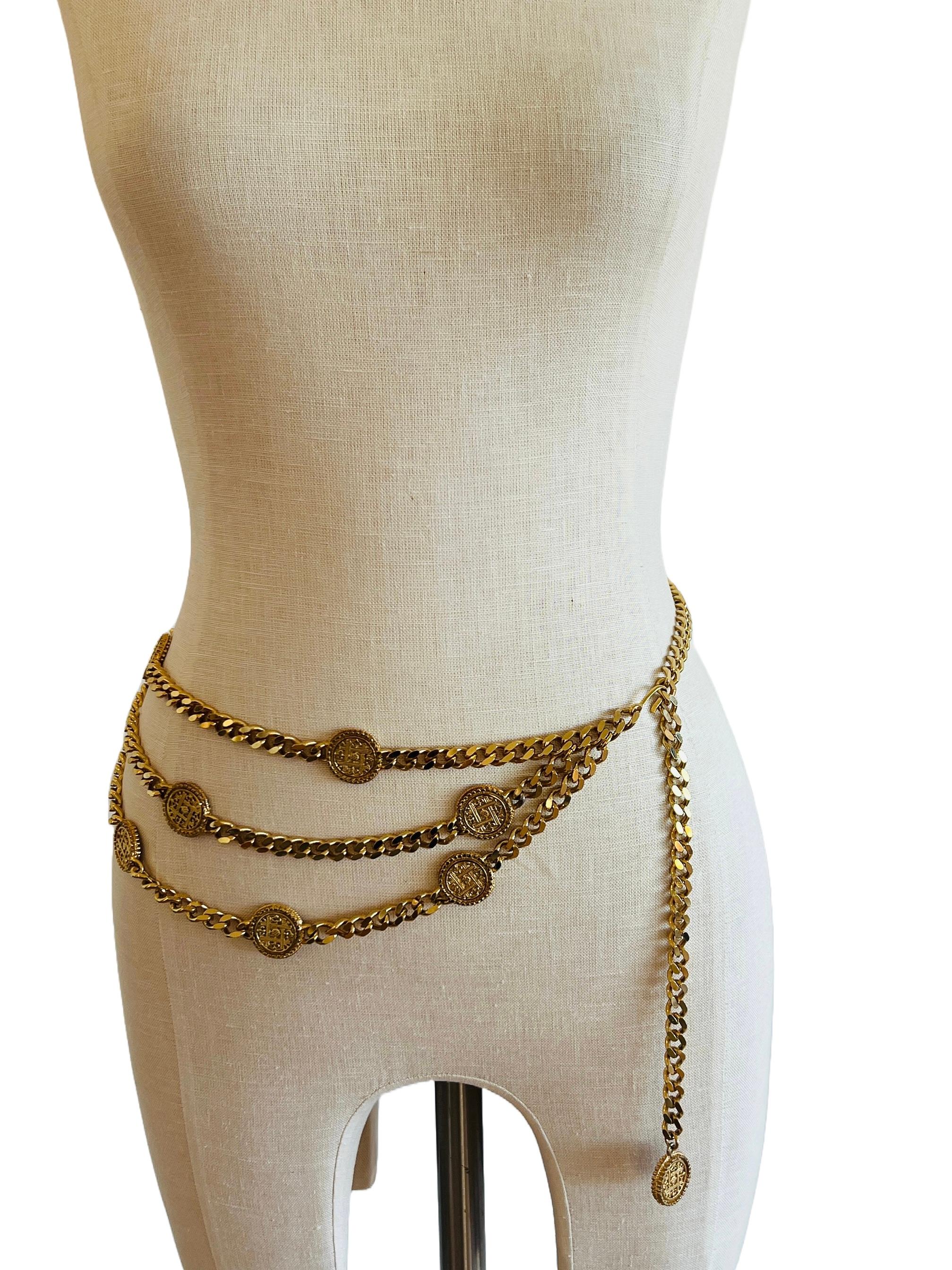 Vintage 314g Gold Curb Chain Coin Medallion Layered Necklace Belt Roman en vente 5