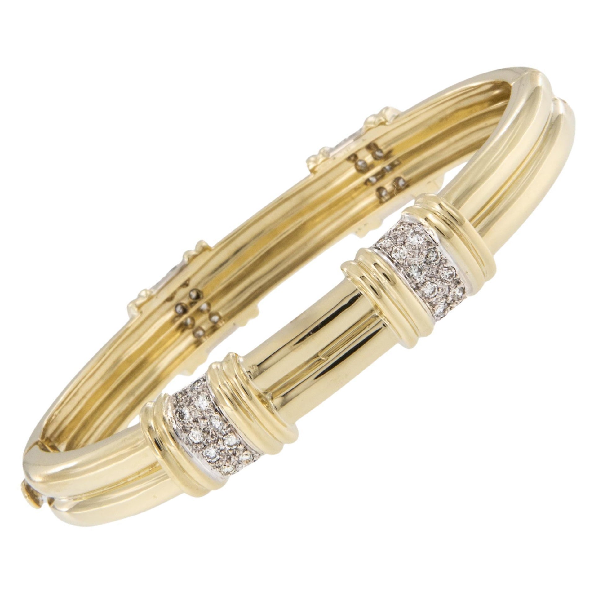 Heavy 32gr, 18 Karat Yellow Gold 0.50 Cttw Diamond Four Station Bangle Bracelet