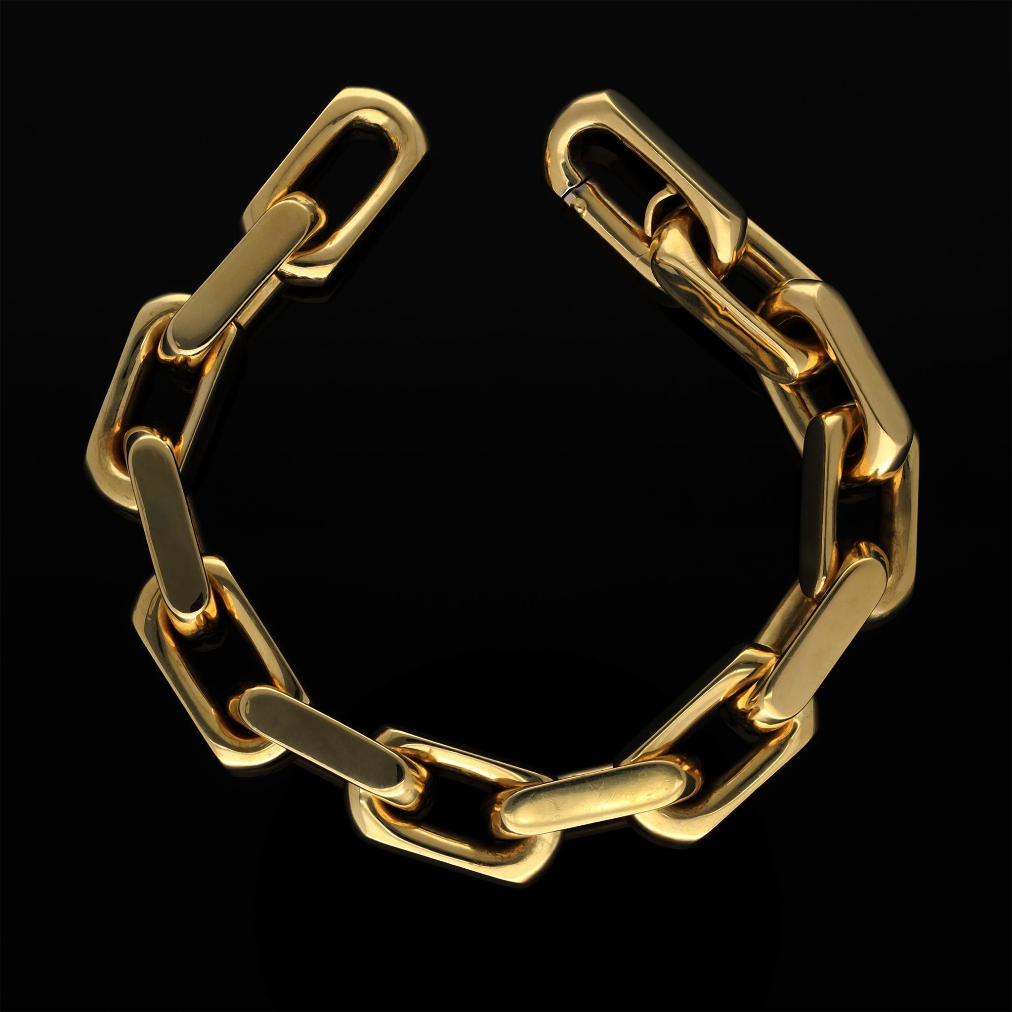 HEAVY 55g Solid 18k Yellow Gold Geometric Chain Bracelet, Rectangle Link Chain In Excellent Condition In Rottedam, NL