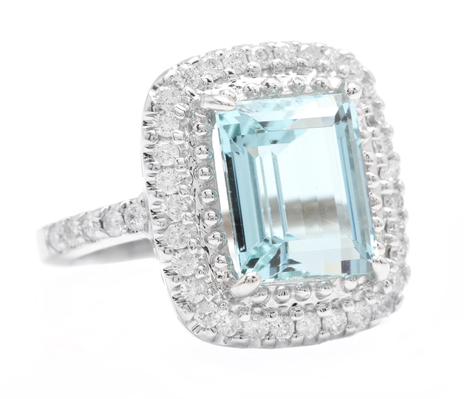 5.80 Carats Natural Aquamarine and Diamond 14K Solid White Gold Ring

Suggested Replacement Value: Approx. $6,500.00

Total Natural Emerald Cut Aquamarine Weights: Approx. 5.00 Carats 

Aquamarine Measures: Approx. 11 x 9mm

Aquamarine Treatment: