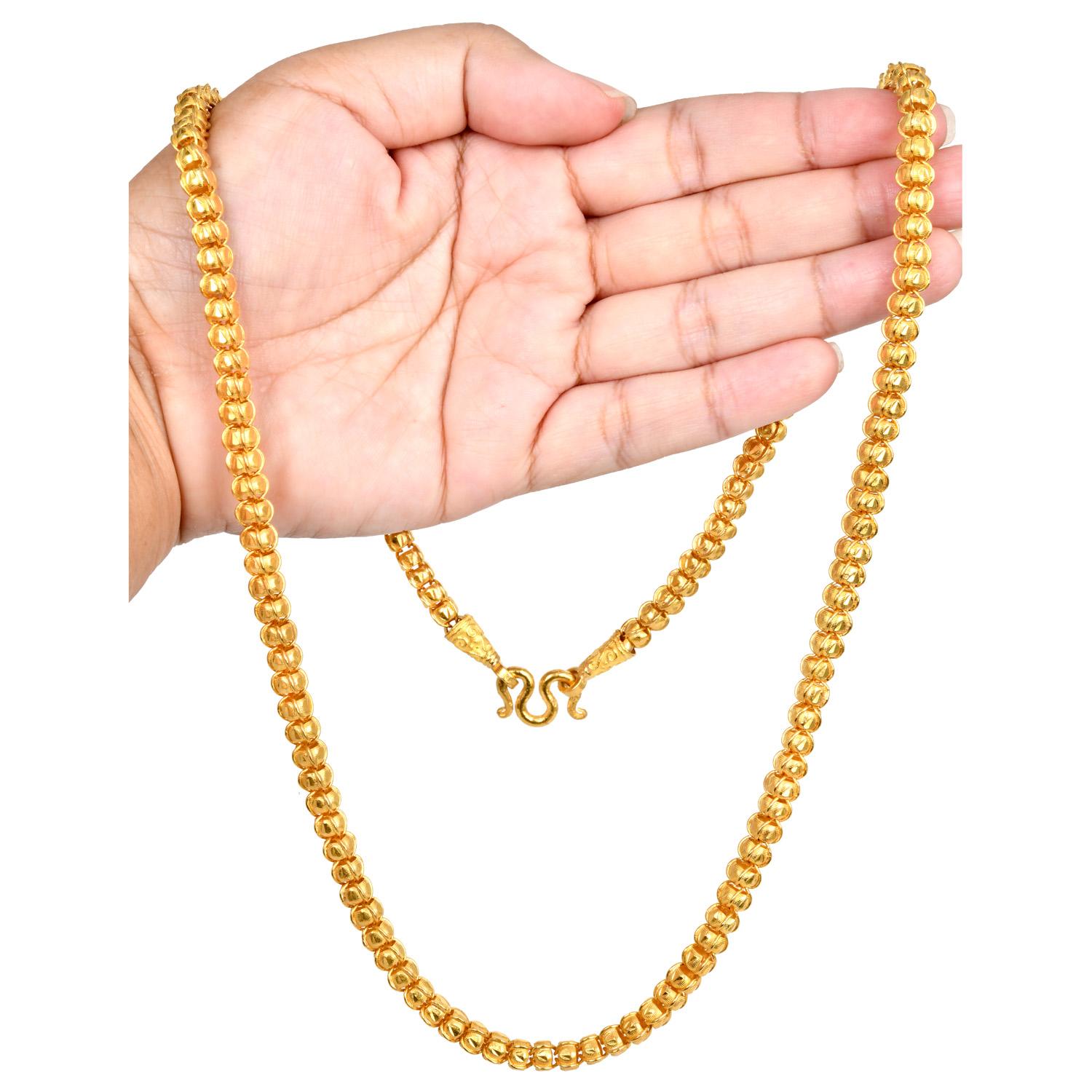 Women's or Men's Heavy  79 Grams 22K Gold Engraved Beaded Link Long Necklace For Sale