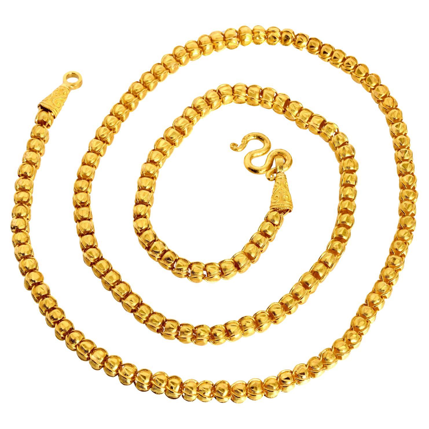 Heavy  79 Grams 22K Gold Engraved Beaded Link Long Necklace For Sale