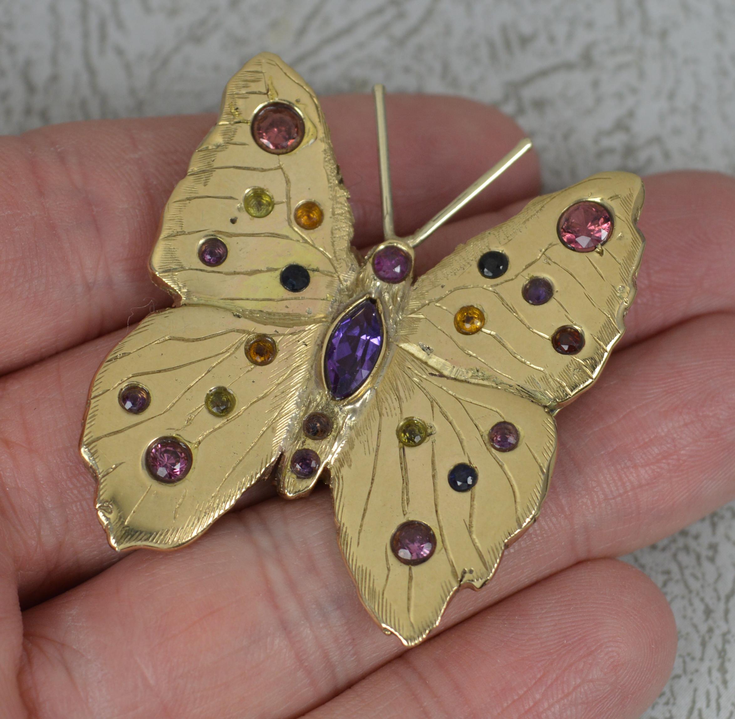 Heavy 9 Carat Gold and Gemstone Butterfly Brooch In Good Condition In St Helens, GB