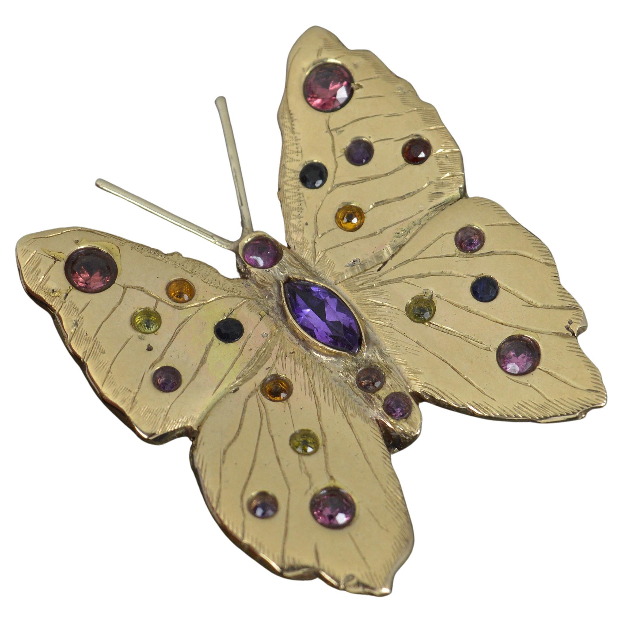 Heavy 9 Carat Gold and Gemstone Butterfly Brooch