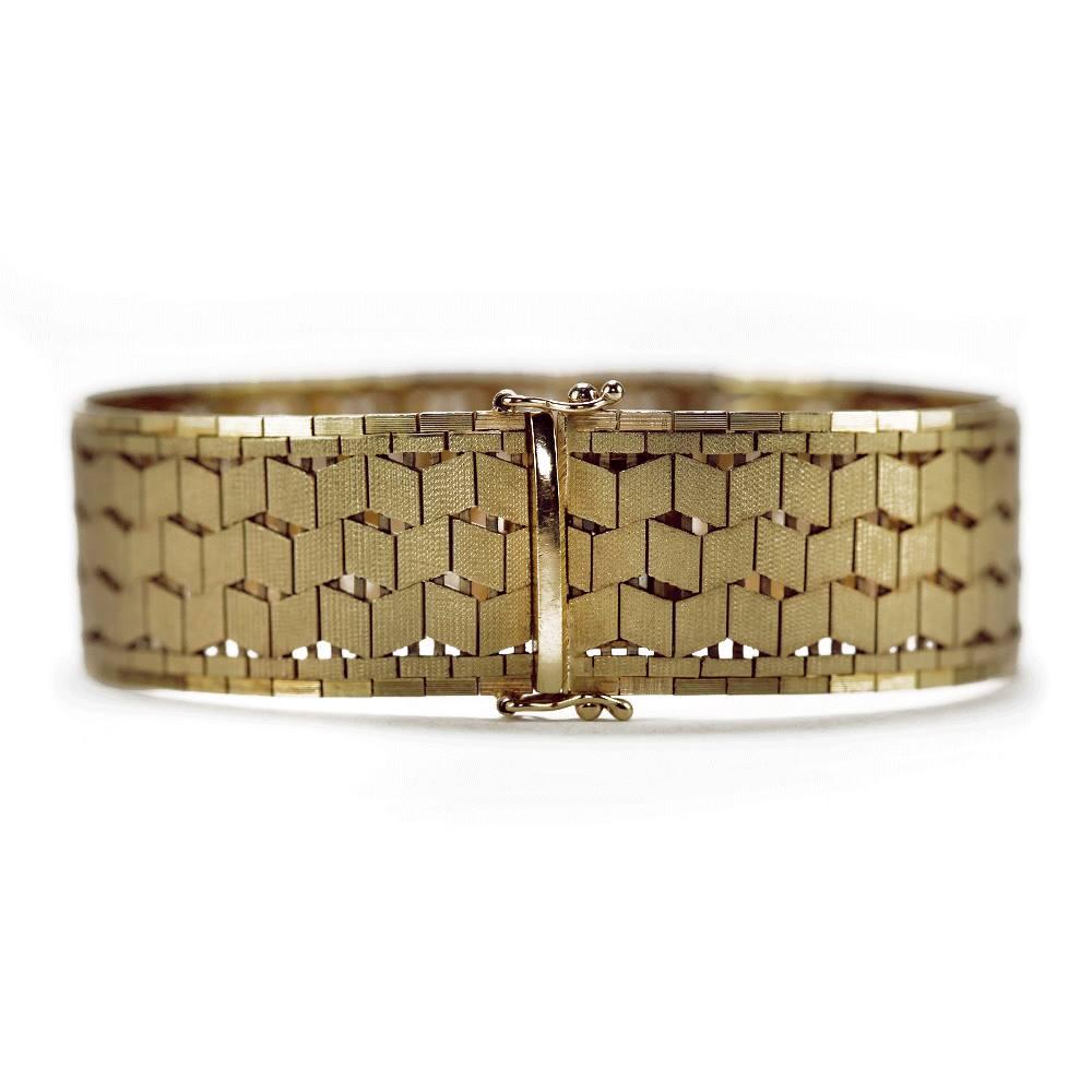 Women's or Men's Heavy 9 Karat Yellow Gold Articulated Geometric Textured Woven Link Bracelet